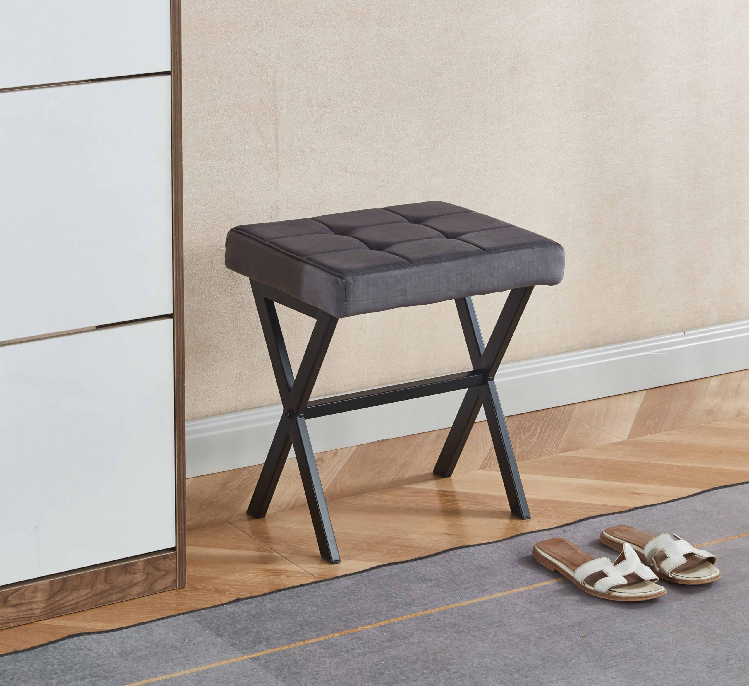 Vanity Stool - Square Faux Leather Makeup Seat with Metal X Legs, Small Ottoman Chair for Makeup Room, Living Room - Modern Padded Foot Rest (Dark Brown)