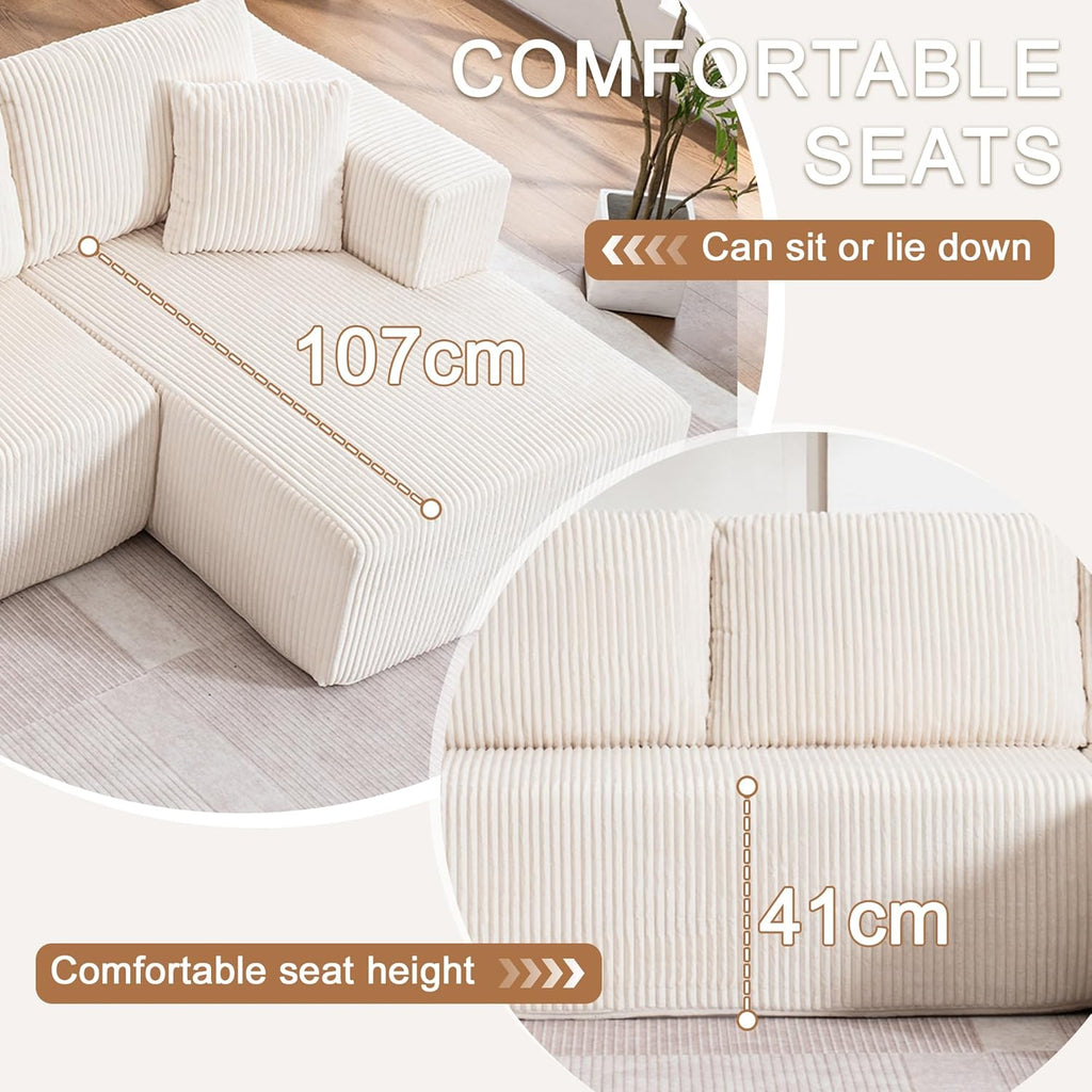 130" Oversized Cloud Boneless Sofa Couch with Chaise, Modern Corduroy U Shaped Modular Sectional Sofa with Deep Seat, No Assembly Required (Foam + White + Corduroy + 3 Seat)