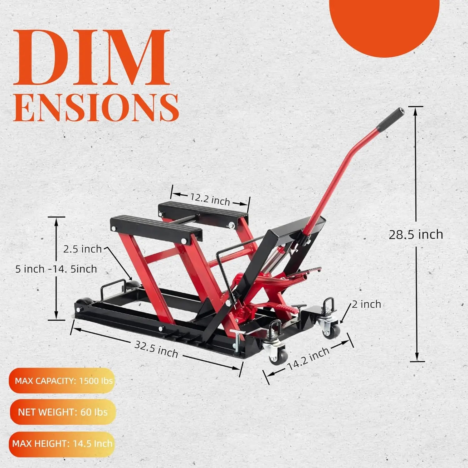 1500LBS Hydraulic Motorcycle Lift Jack, 1500 LBS Capacity Steel ATV Lift with Wheels and Handle, Portable Foot-Operated QIHAI
