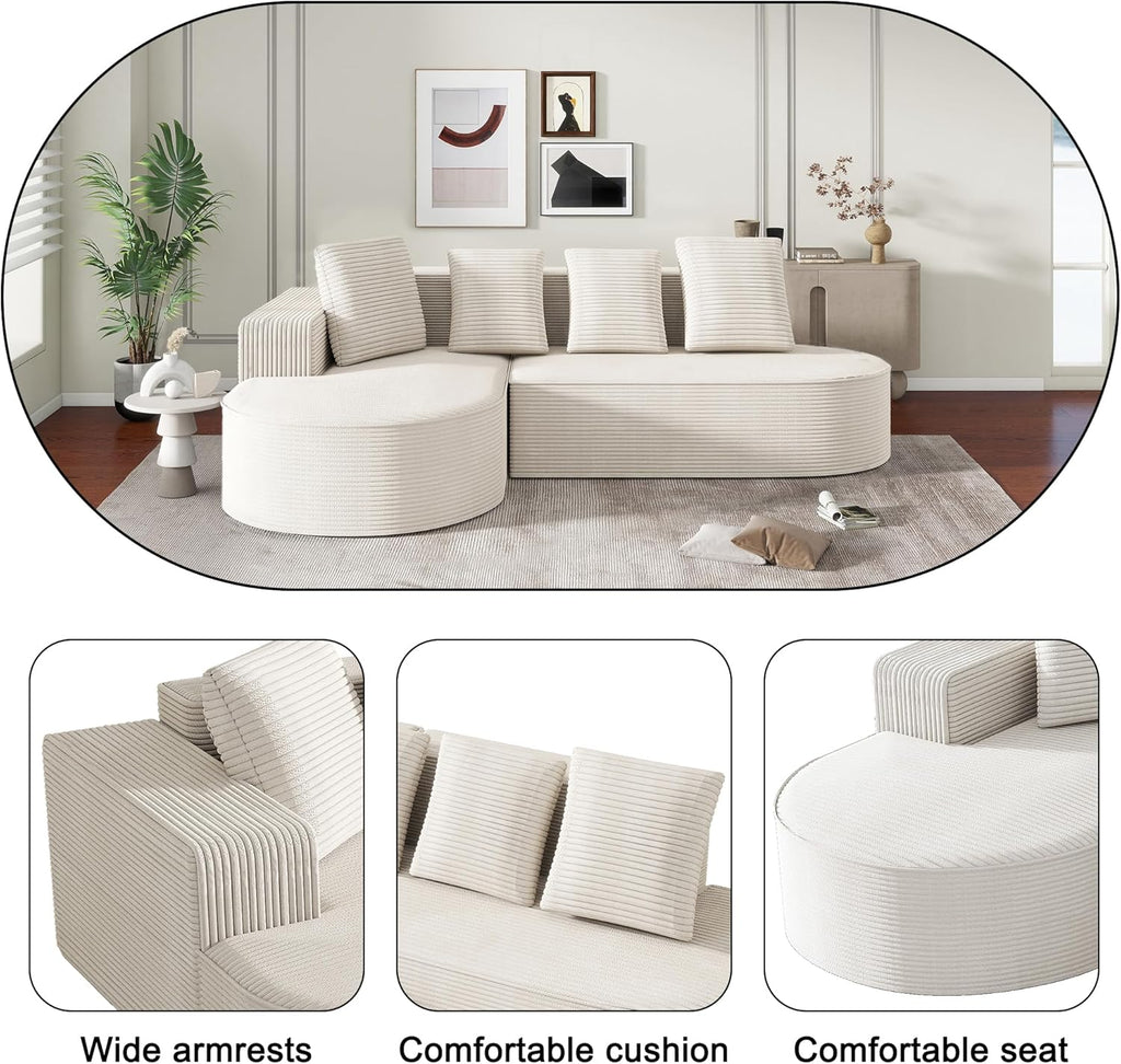 104" Corduroy Sectional Couch, Boneless L Shaped Couch with Deep Seat, Cloud Foam Sofa with Chaise, Sectional Sofa No Assembly Needed for Living Room (Foam + Black + Corduroy + 3 Seat)