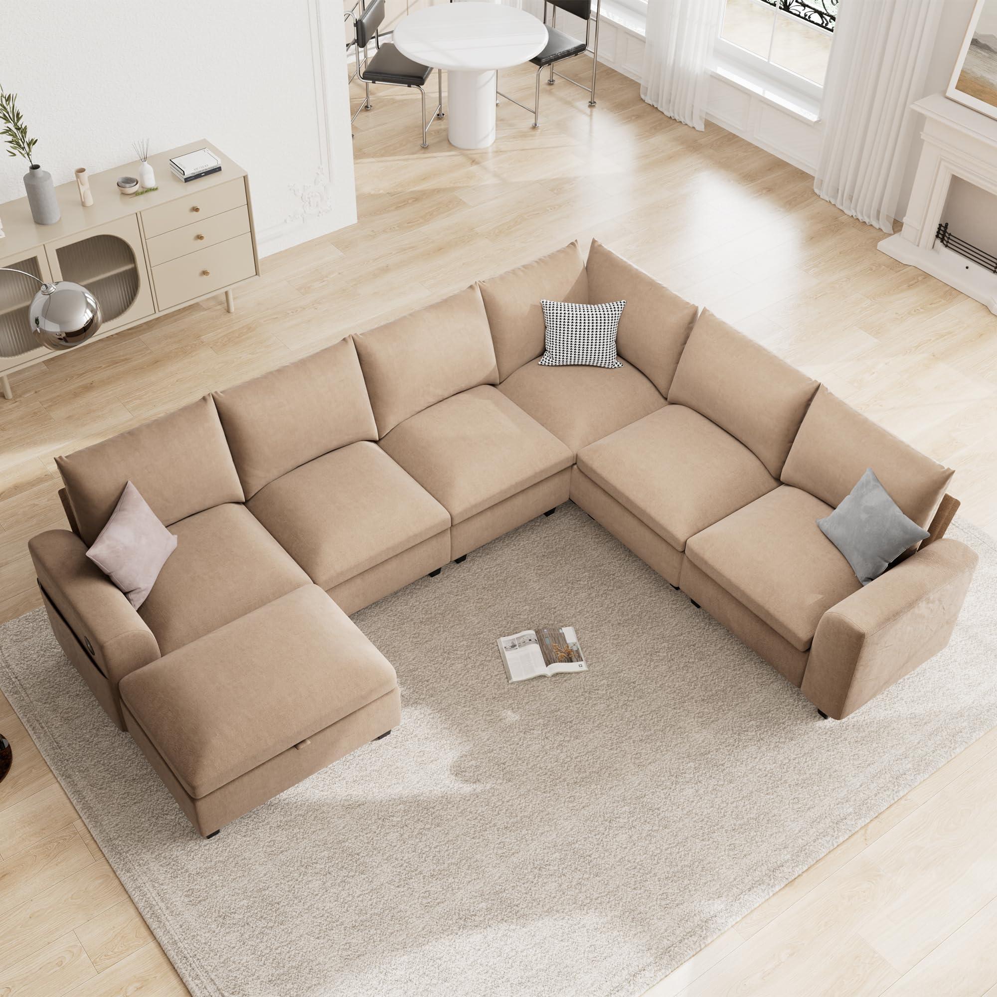 120.1" L Shaped Modular Sectional Sofa, 7 Seater Sectional Sofa with Storage Ottoman, L Shaped Cloud Couch Corner Sofa Oversized Modular Sectional Couch for Living Room (Black)