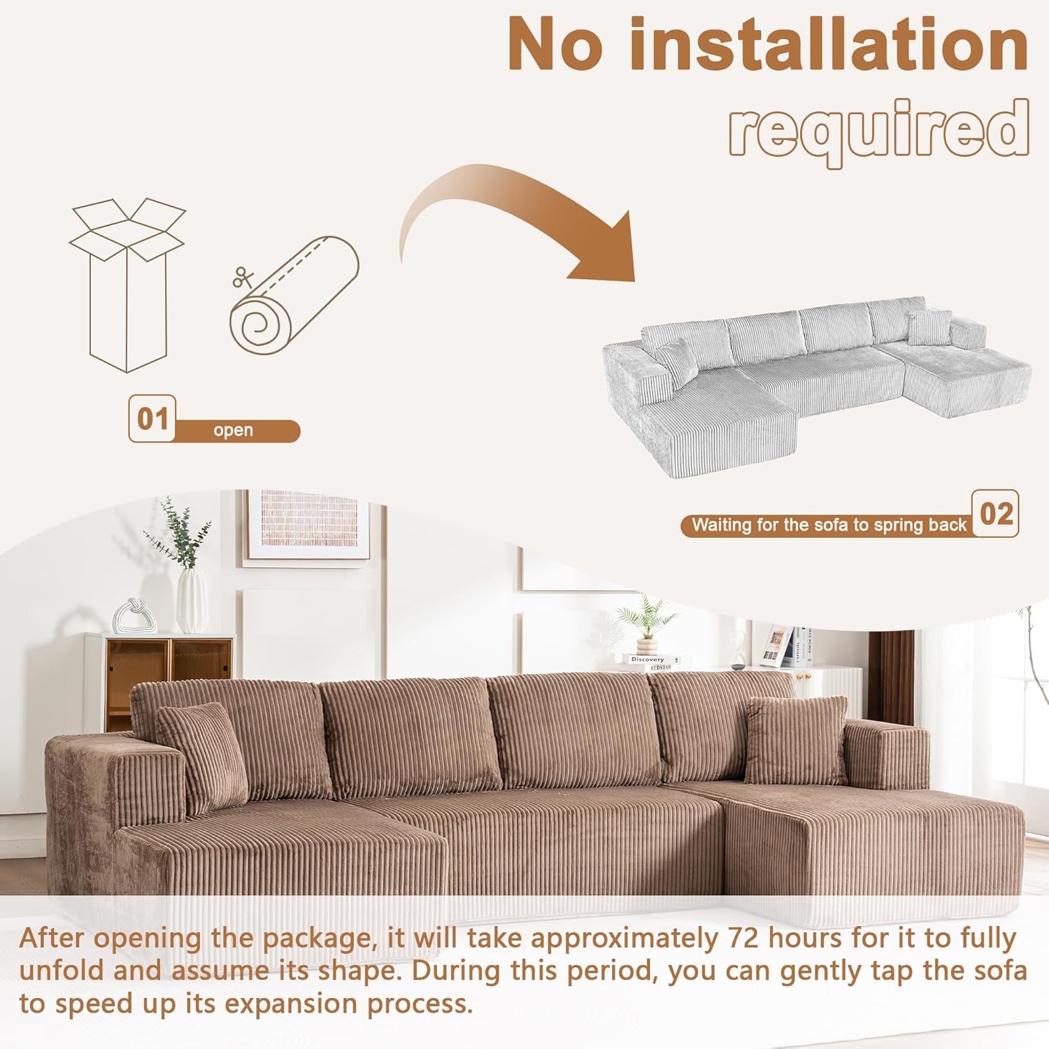 130" Oversized Cloud Boneless Sofa Couch with Chaise, Modern Corduroy U Shaped Modular Sectional Sofa with Deep Seat, No Assembly Required (Foam + White + Corduroy + 3 Seat)