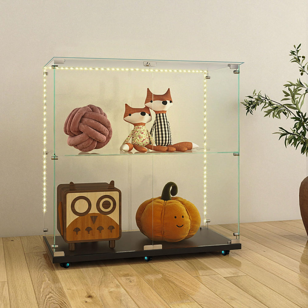 2-Tier Glass Display Case with Lights,2 Doors Curio Cabinets with Lock,Glass Display Cabine with Universal Wheel for Living Room, Office (Black)