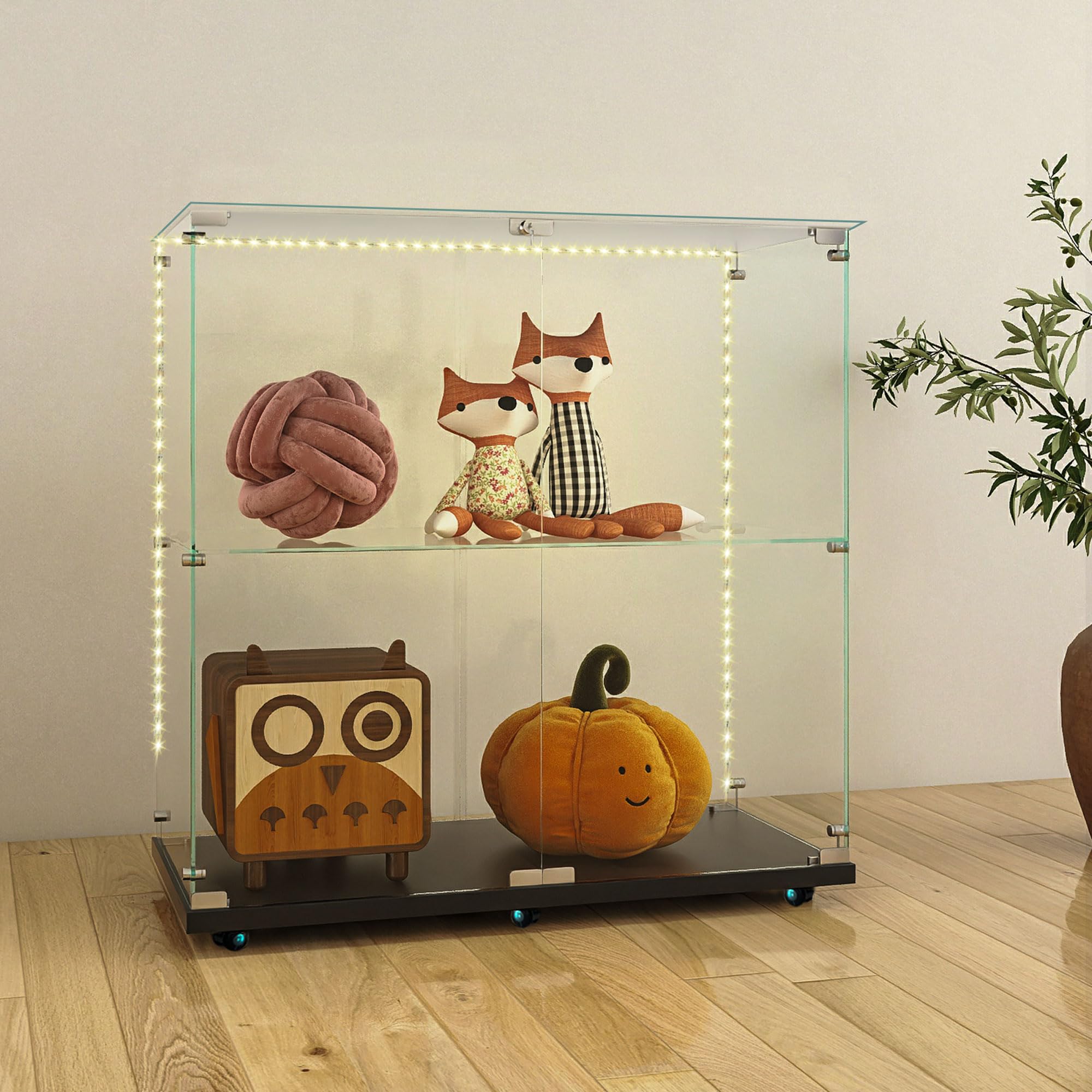 2-Tier Glass Display Case with Lights,2 Doors Curio Cabinets with Lock,Glass Display Cabine with Universal Wheel for Living Room, Office (Black)