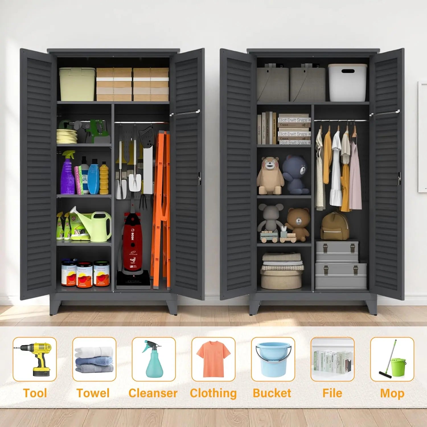 QIHAI Tool Chests & Cabinets,47'' Tall Metal Tool Storage Cabinet, with Ample Storage Space for Garage,Warehouse,Garden,Office, Living Room,Bathroom,Utility Room (47'' Tall + Slate + Steel) QIHAI