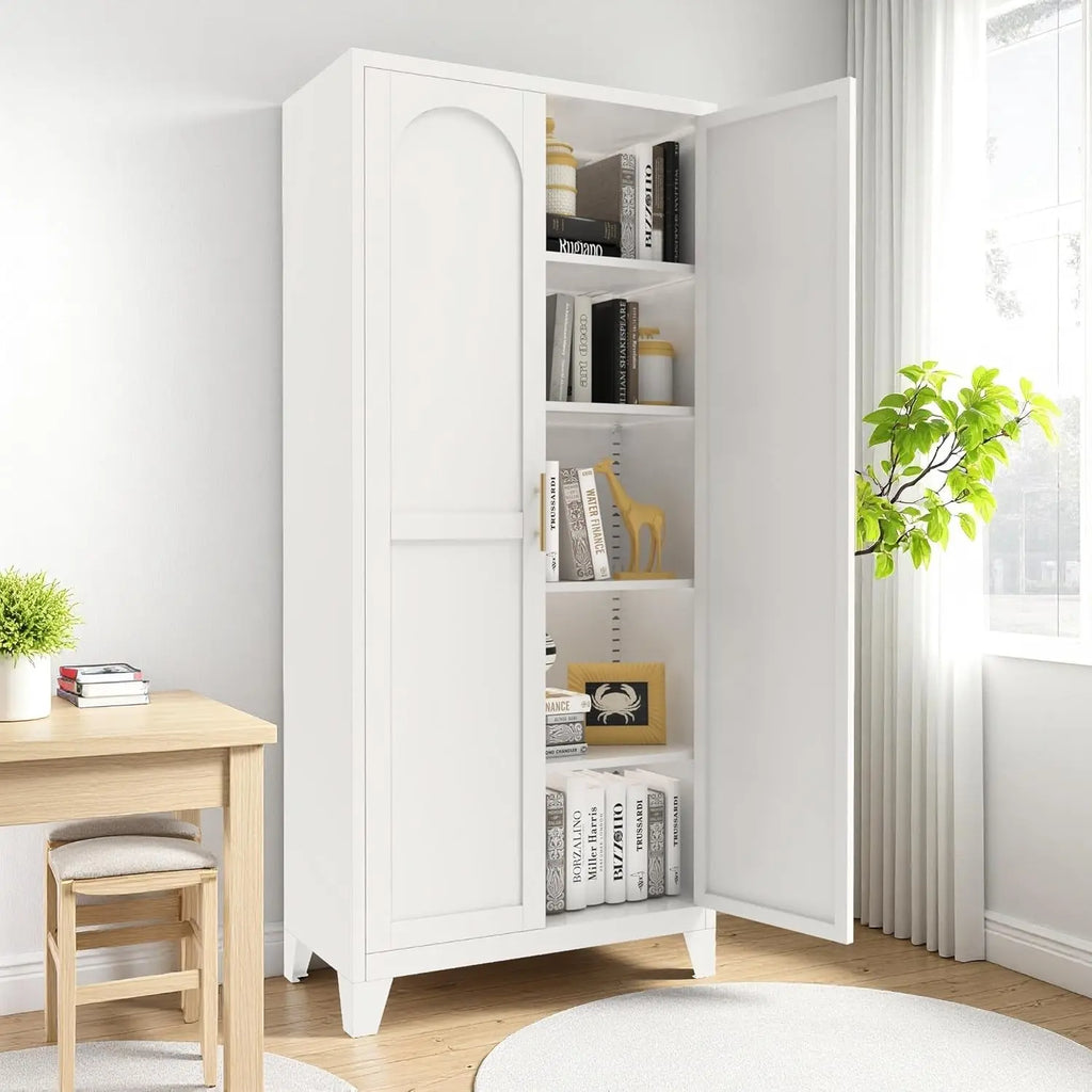 QIHAI 71'' 2 Shapely Doors Cabinet, Metal Storage Cabinet with Doors and Adjustable Shelves, for Kitchen, Dining Room, Living Room,White QIHAI
