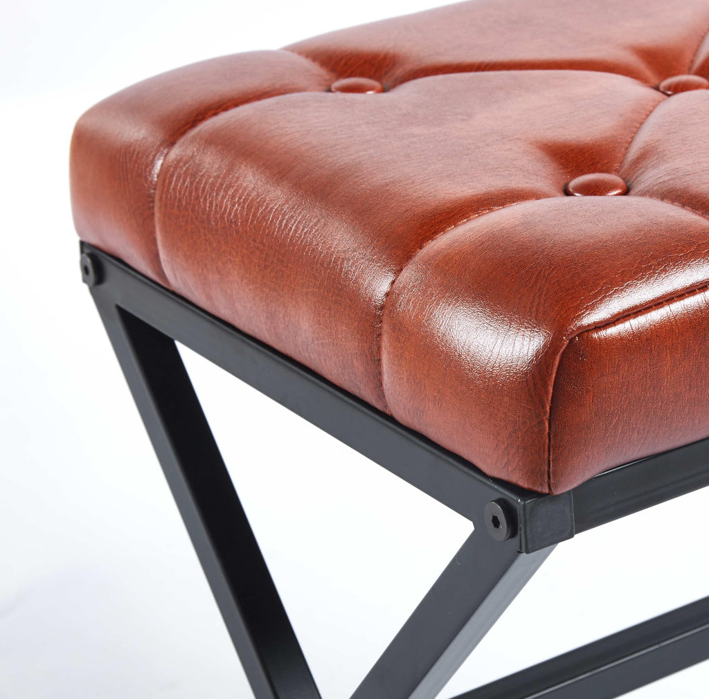 Vanity Stool - Square Faux Leather Makeup Seat with Metal X Legs, Small Ottoman Chair for Makeup Room, Living Room - Modern Padded Foot Rest (Dark Brown)