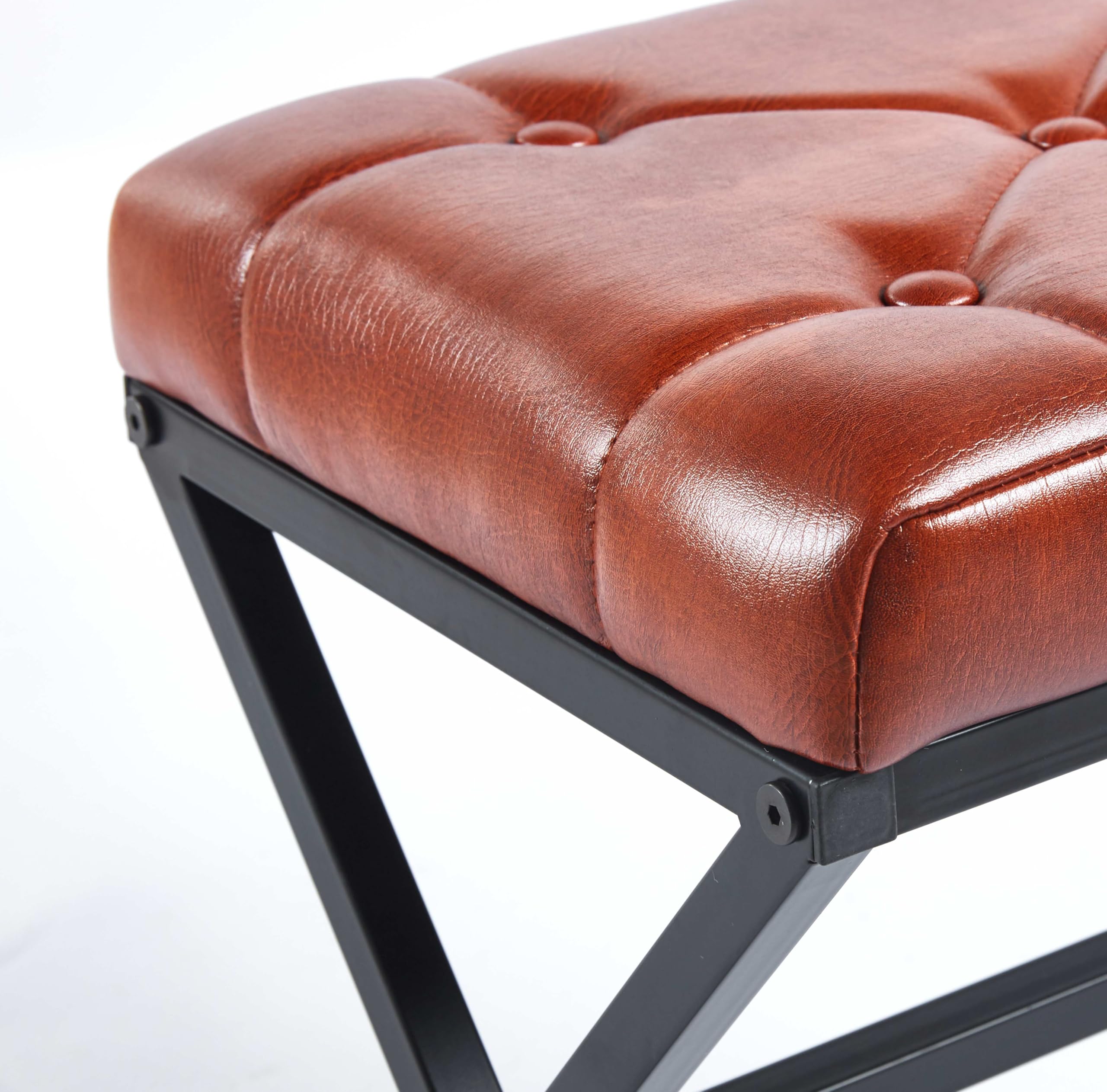 Vanity Stool - Square Faux Leather Makeup Seat with Metal X Legs, Small Ottoman Chair for Makeup Room, Living Room - Modern Padded Foot Rest (Dark Brown)