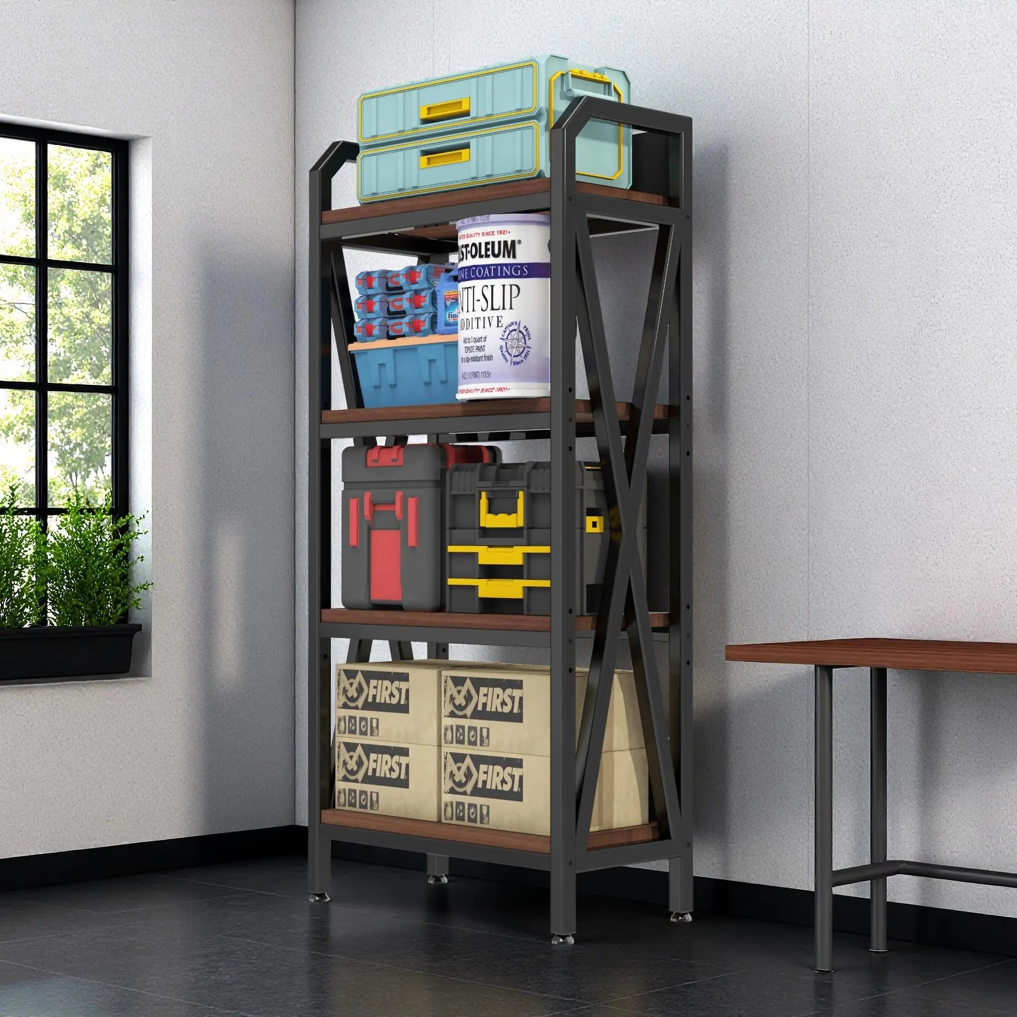 QIHAI 56.30'' Bakers Rack 4-Level Storage Shelves Metal and Wooden Kitchen Shelves, Kitchen Organizers and Storage, for Garage, Pantry, Bathroom, Closet (4-Tier 56.3" H x 33.5" W x 15.8" D) QIHAI