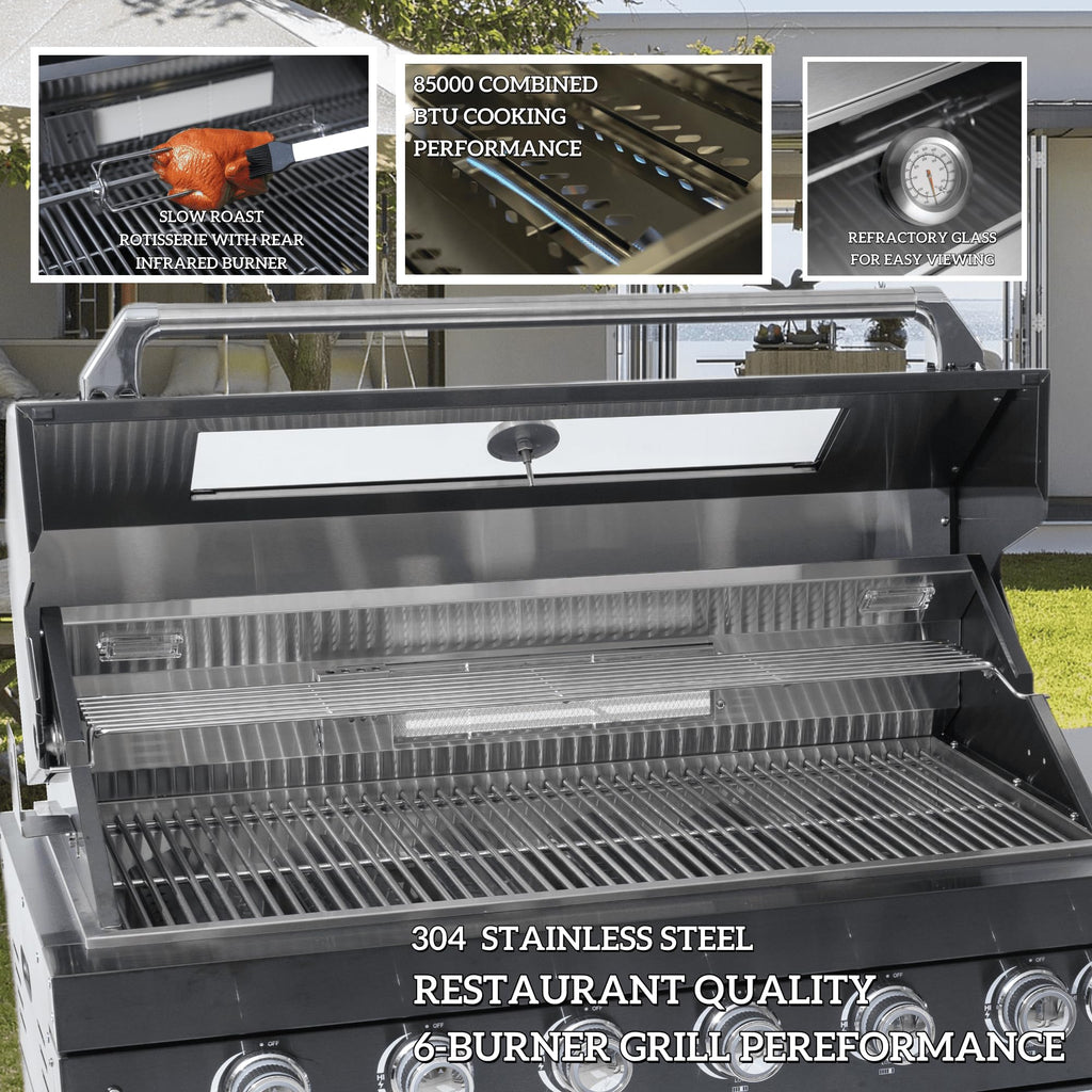 46-Inch 4-Burner 72000 BTU Deluxe Stainless Steel Gas Outdoor Kitchen Bar Barbecue Island Grill, Wine Cooler Compact Refrigerator, Rotisserie, Granite Countertops, Stainless steel Sink,Black