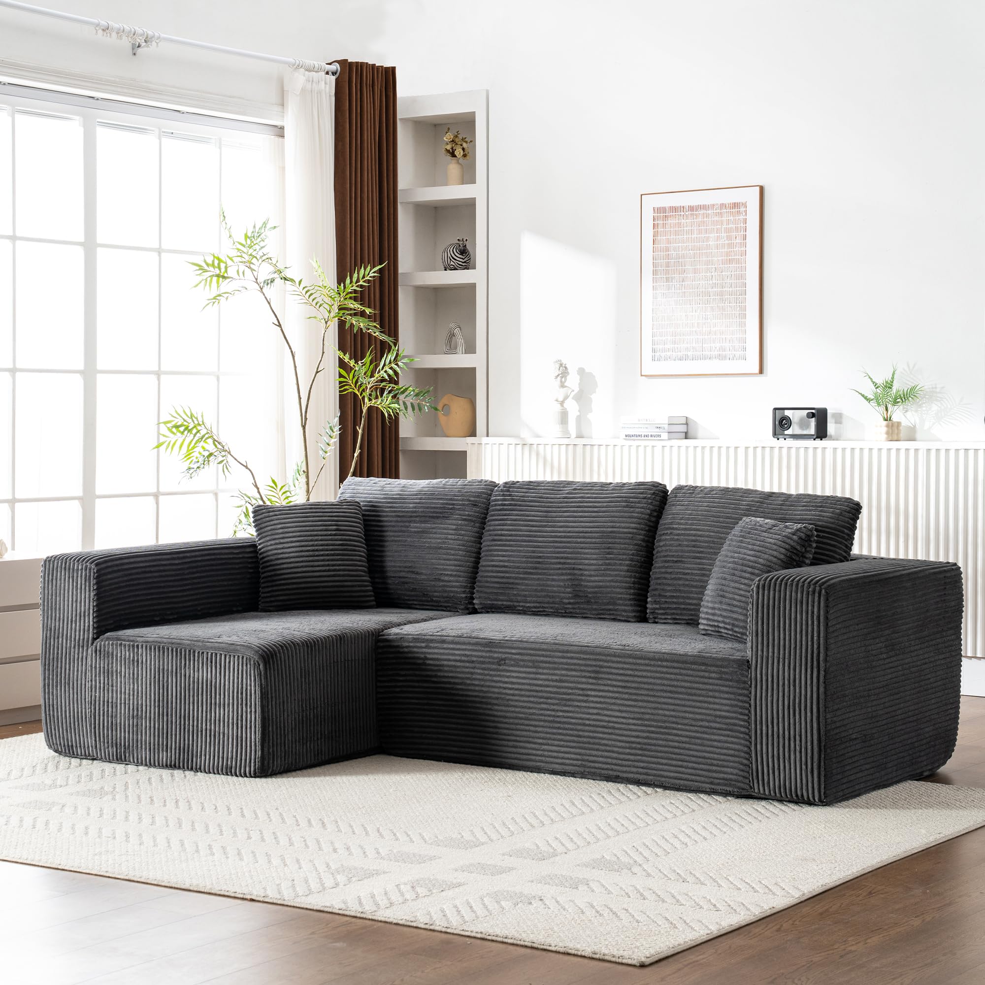 Living Room Wide Armchair Sofa, Modern Modular Recliner Sofa, L-Shaped Cloud Sofa, No Assembly Required, Corduroy Fabric, Soft and Comfortable (Foam + Gray + Corduroy + 3 Seat)