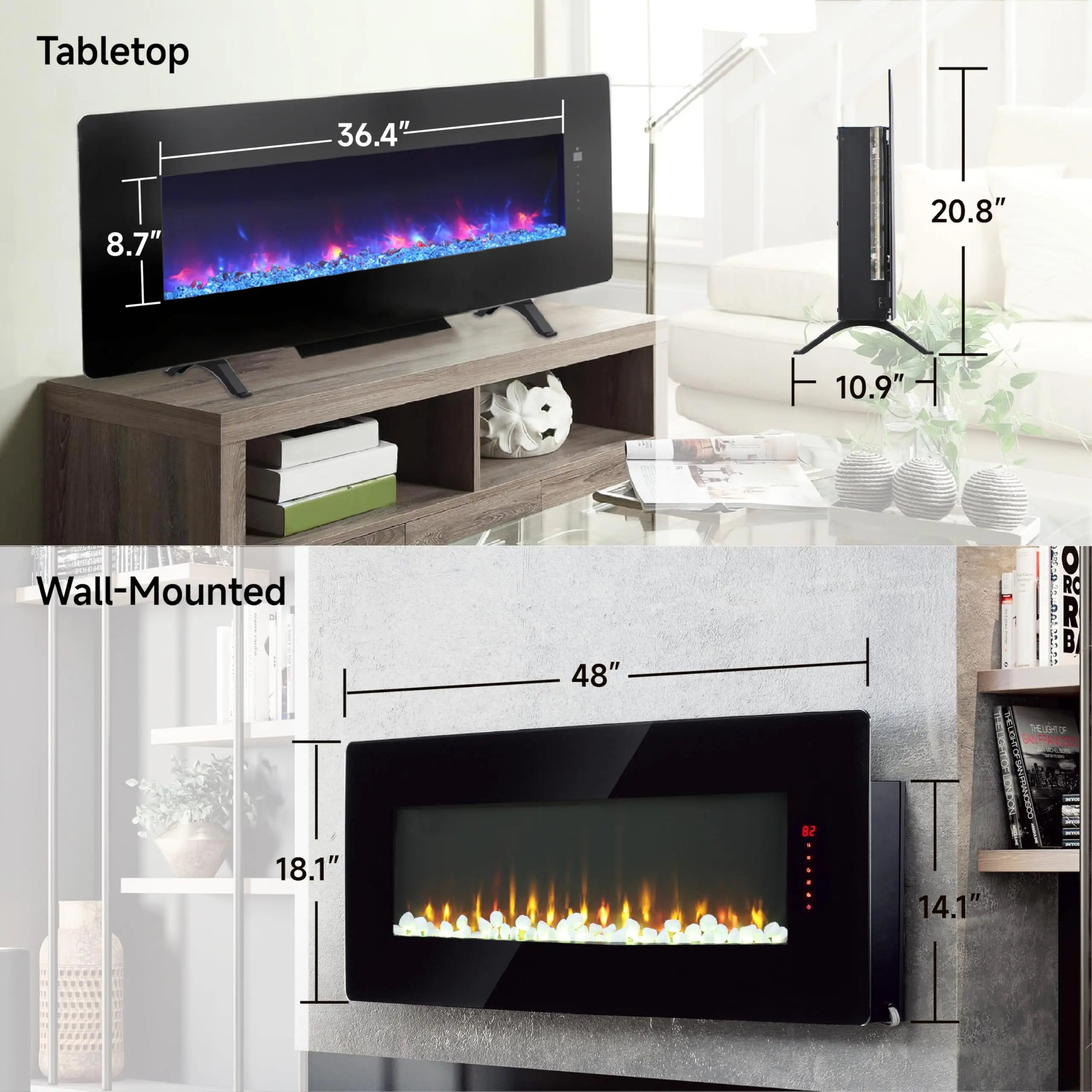42 inch Electric Fireplace,Recessed Ultra Thin,Tempered Glass Front,Wall Mounted with Remote and Multi Color Flame & Emberbed, LED Light Heater QIHAI