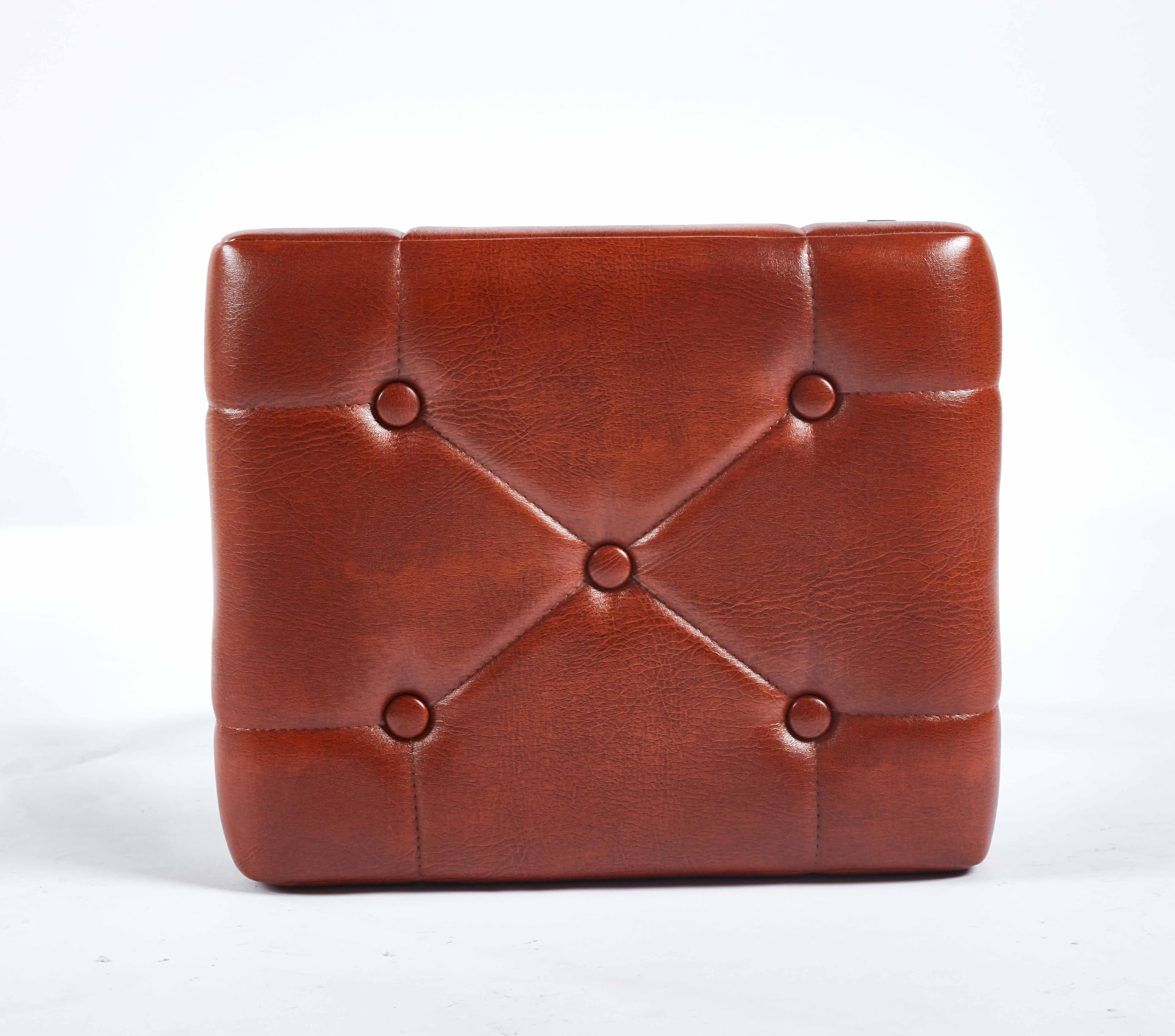 Vanity Stool - Square Faux Leather Makeup Seat with Metal X Legs, Small Ottoman Chair for Makeup Room, Living Room - Modern Padded Foot Rest (Dark Brown)