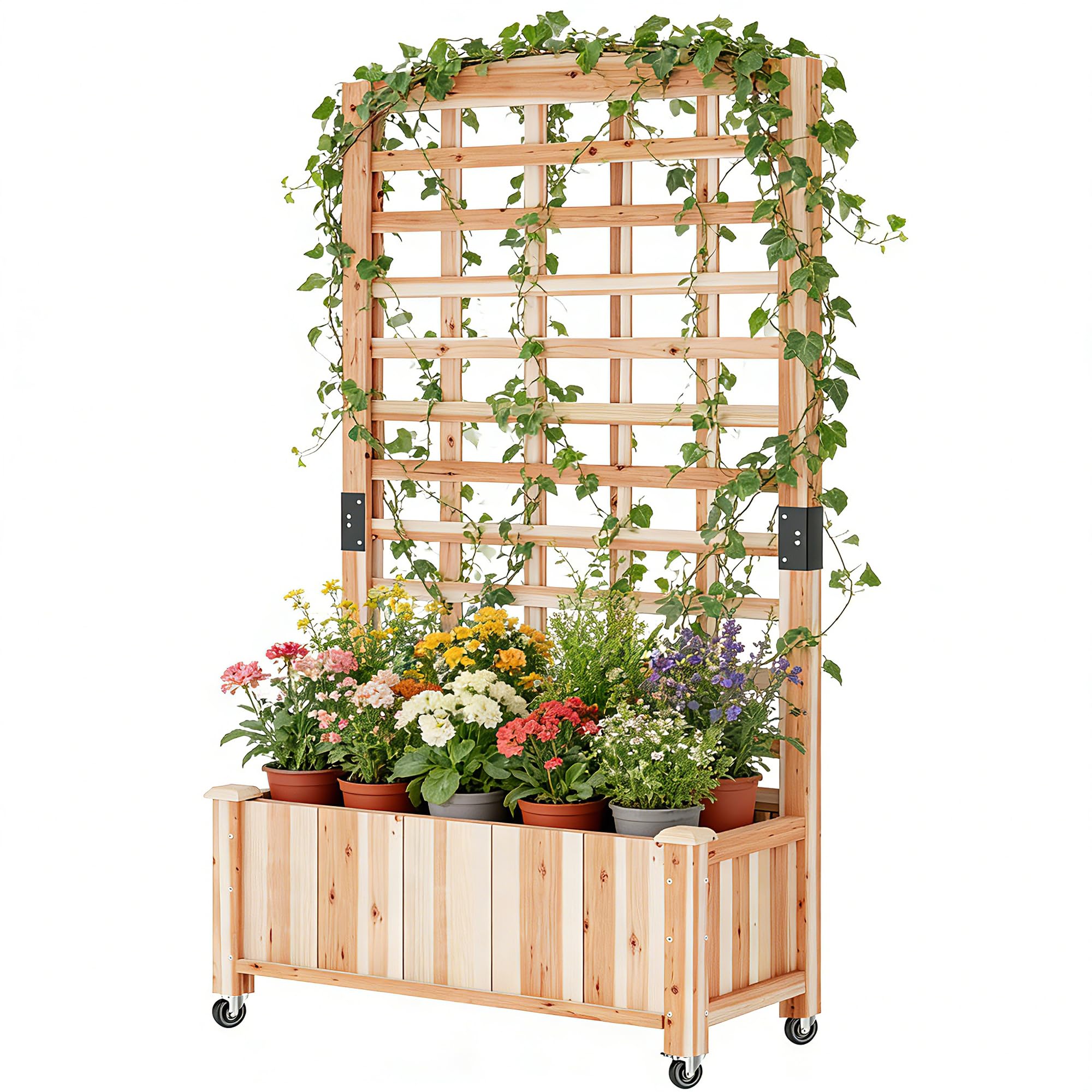 Wooden Raised Garden Bed with Trellis, Outdoor Free-Standing Trellis Planter, Standing Elevated Planter Box for Vegetables,Flowers, Fruits (35.4" L x 15.7" W x 59.4" H)