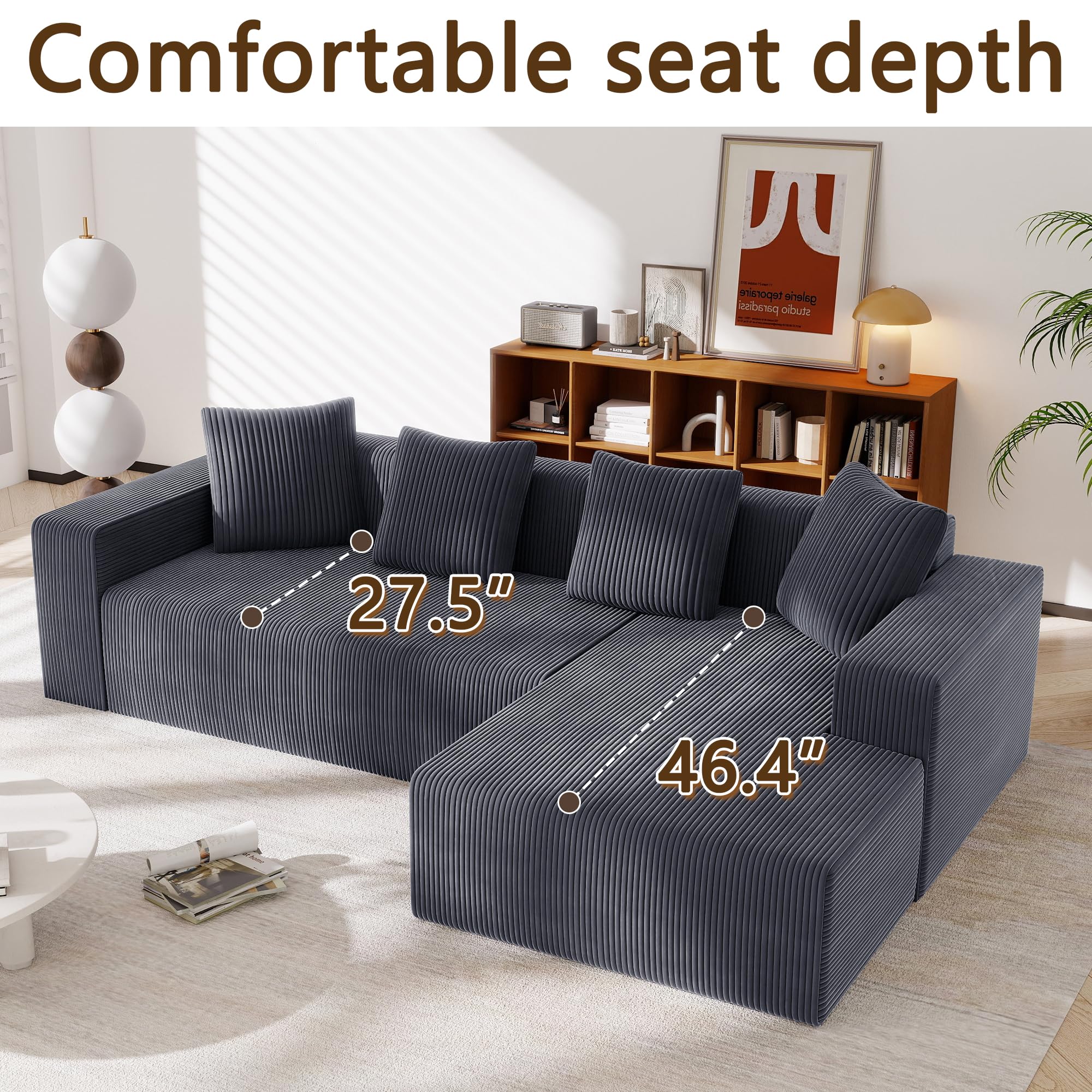 102.7" Corduroy Sectional Couch, Boneless L Shaped Couch with Deep Seat, Cloud Foam Sofa with Chaise, Sectional Sofa No Assembly Needed for Living Room and Bedroom (Black + Corduroy + 3 Seat + Foam)