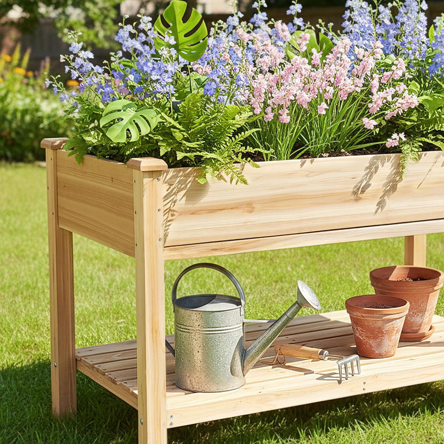 Outdoor Wood Raised Garden Bed,Storage Shelf, Elevated Reinforced Large Planter Box for Vegetable Flower Backyard Patio Gardening Balcony,48x23x31.1-inch