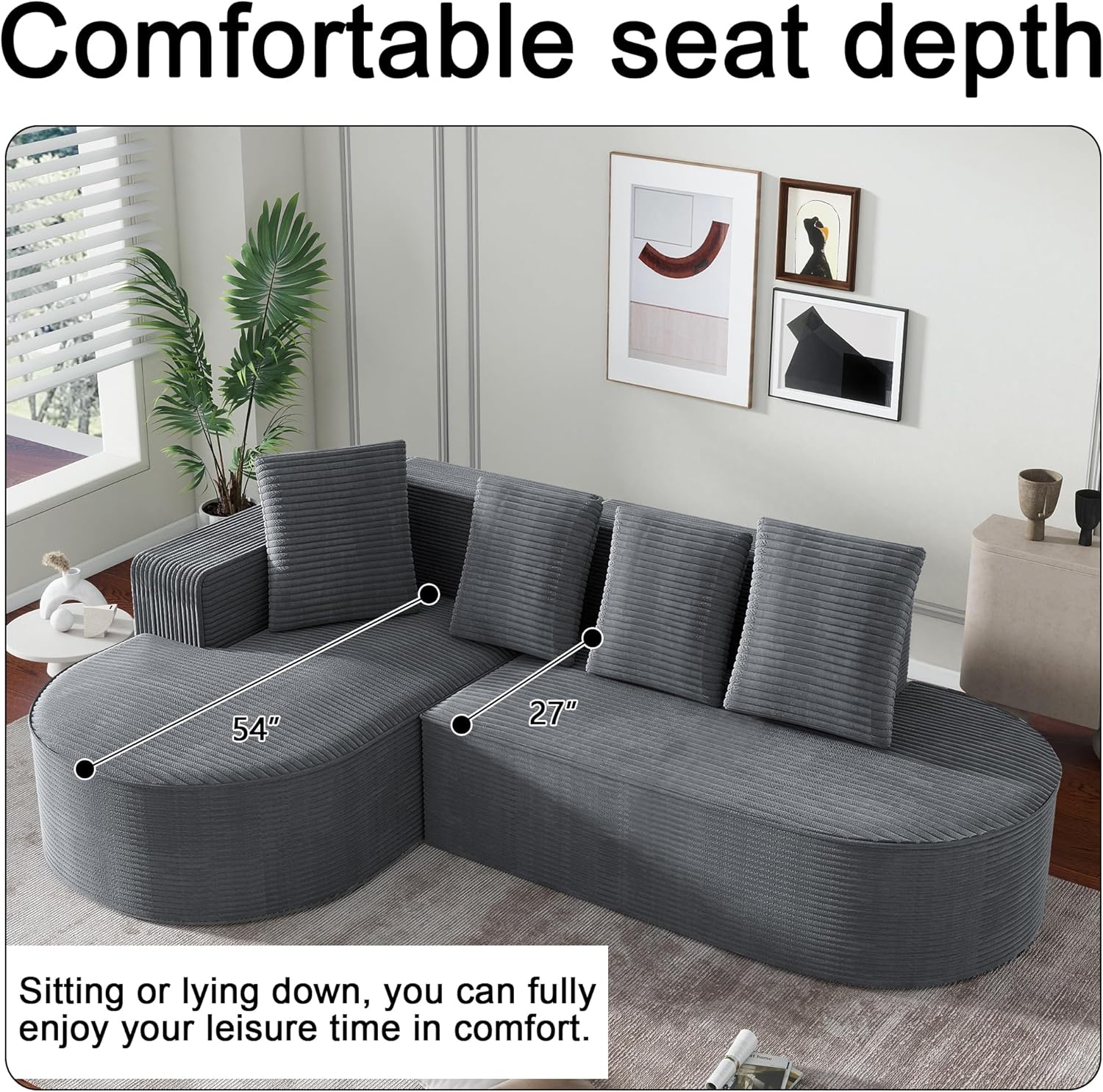 104" Corduroy Sectional Couch, Boneless L Shaped Couch with Deep Seat, Cloud Foam Sofa with Chaise, Sectional Sofa No Assembly Needed for Living Room (Foam + Black + Corduroy + 3 Seat)