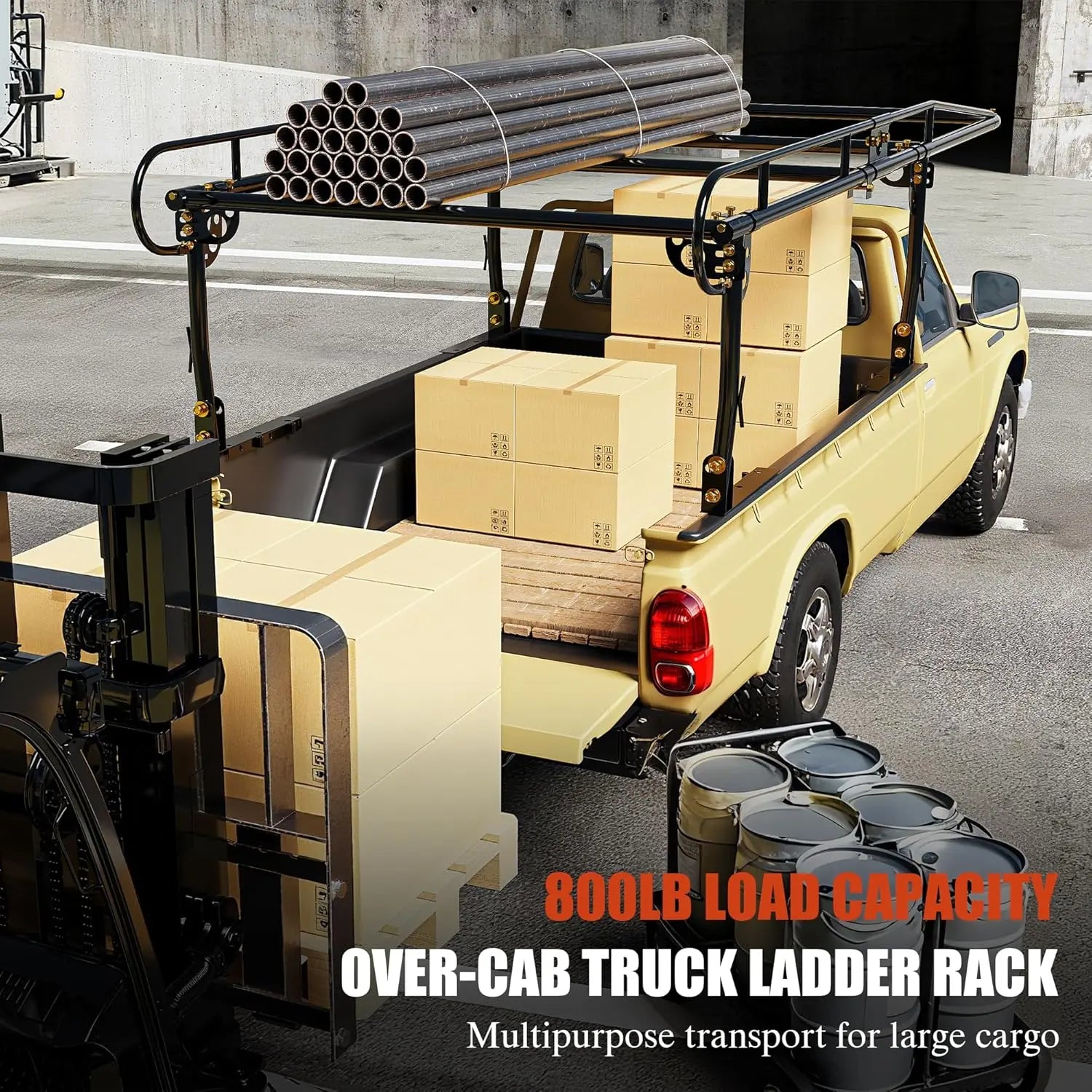 Universal Steel Over-Cab Truck Bed Rack Contractor Pickup Lumber Full Size Rack Adjustable for Kayak, Ladder, Surfboard, Lumber QIHAI