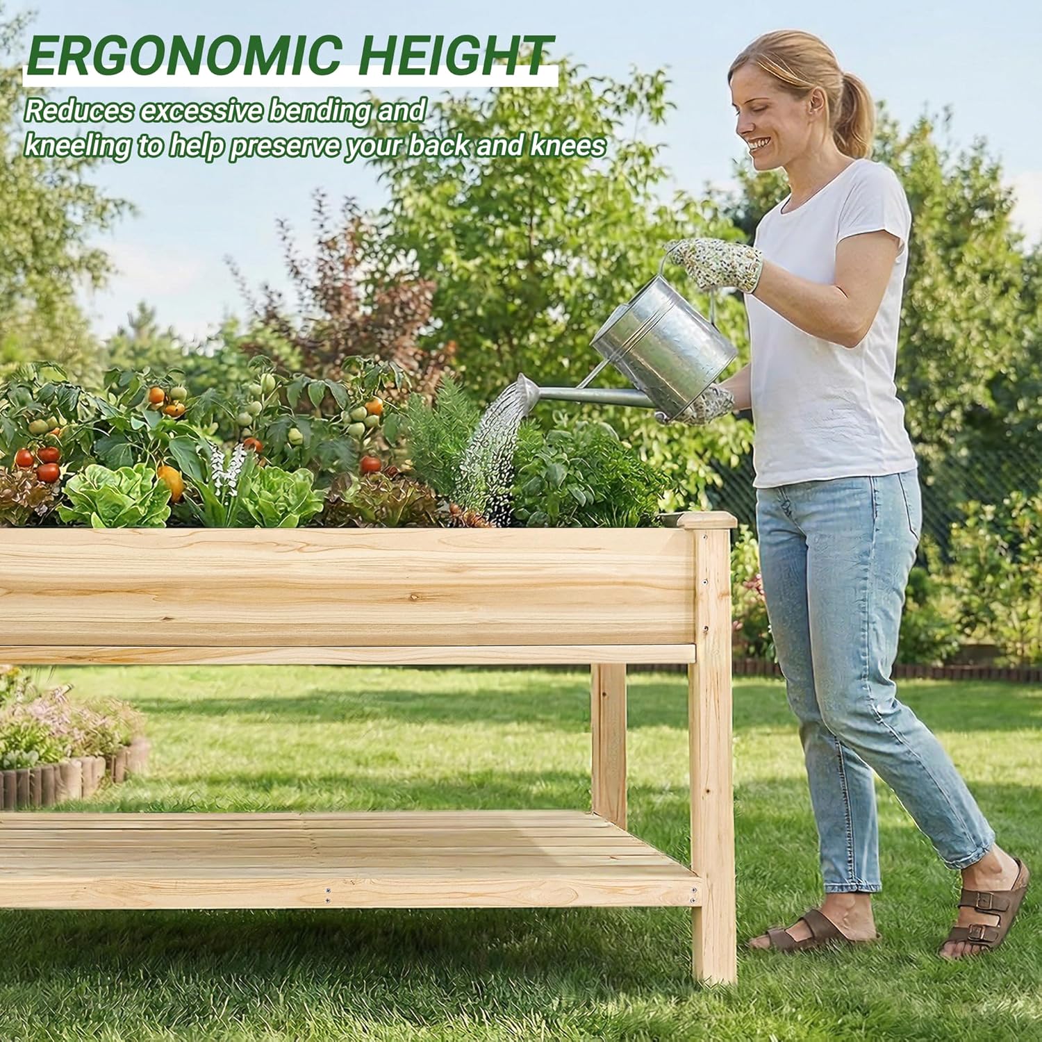 Outdoor Wood Raised Garden Bed,Storage Shelf, Elevated Reinforced Large Planter Box for Vegetable Flower Backyard Patio Gardening Balcony,48x23x31.1-inch