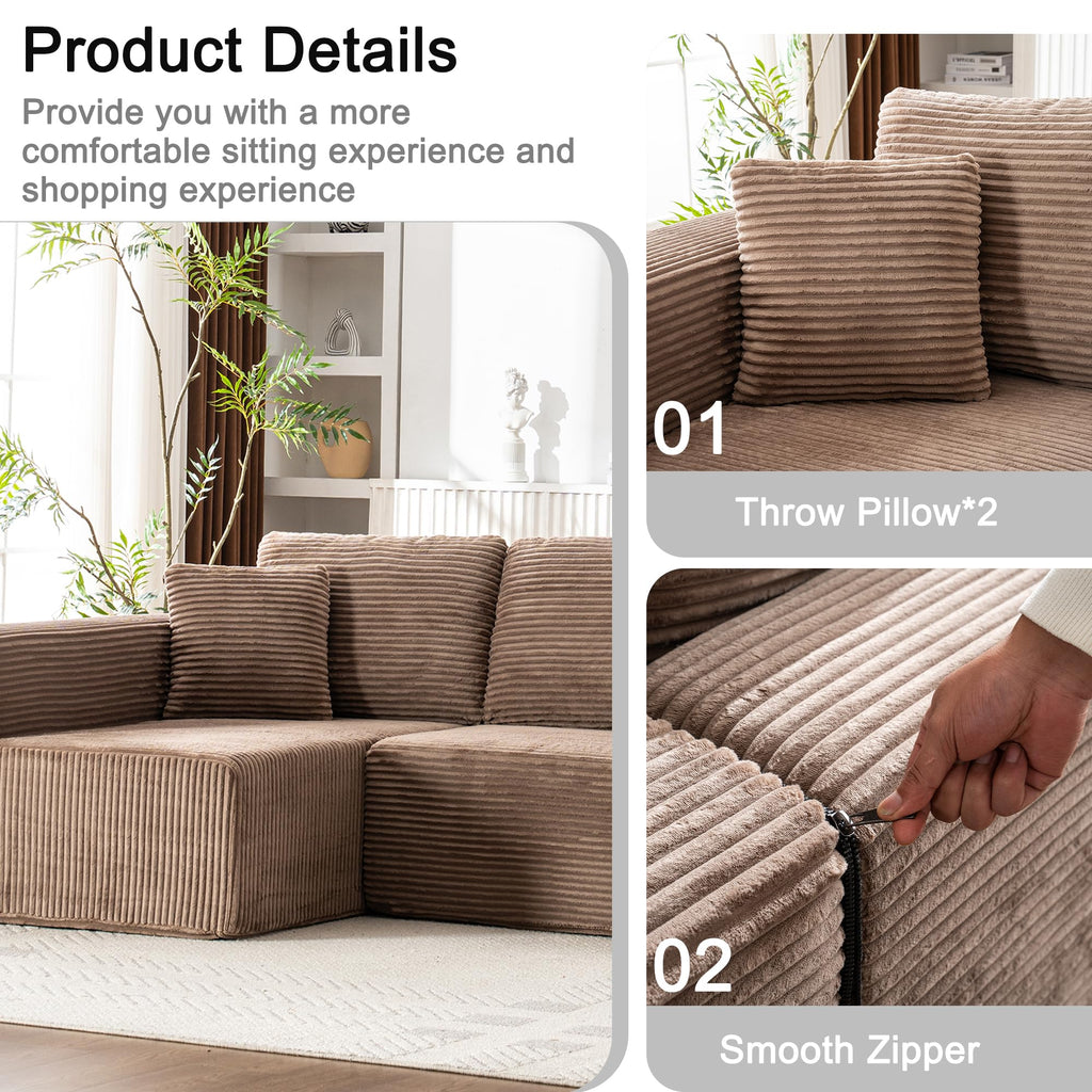 Living Room Wide Armchair Sofa, Modern Modular Recliner Sofa, L-Shaped Cloud Sofa, No Assembly Required, Corduroy Fabric, Soft and Comfortable (Foam + Gray + Corduroy + 3 Seat)