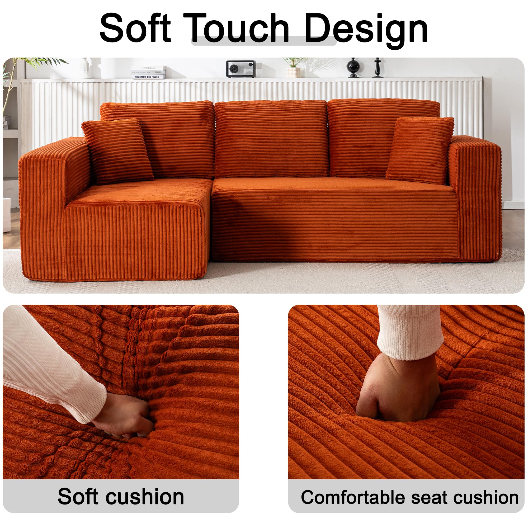 Living Room Wide Armchair Sofa, Modern Modular Recliner Sofa, L-Shaped Cloud Sofa, No Assembly Required, Corduroy Fabric, Soft and Comfortable (Foam + Gray + Corduroy + 3 Seat)