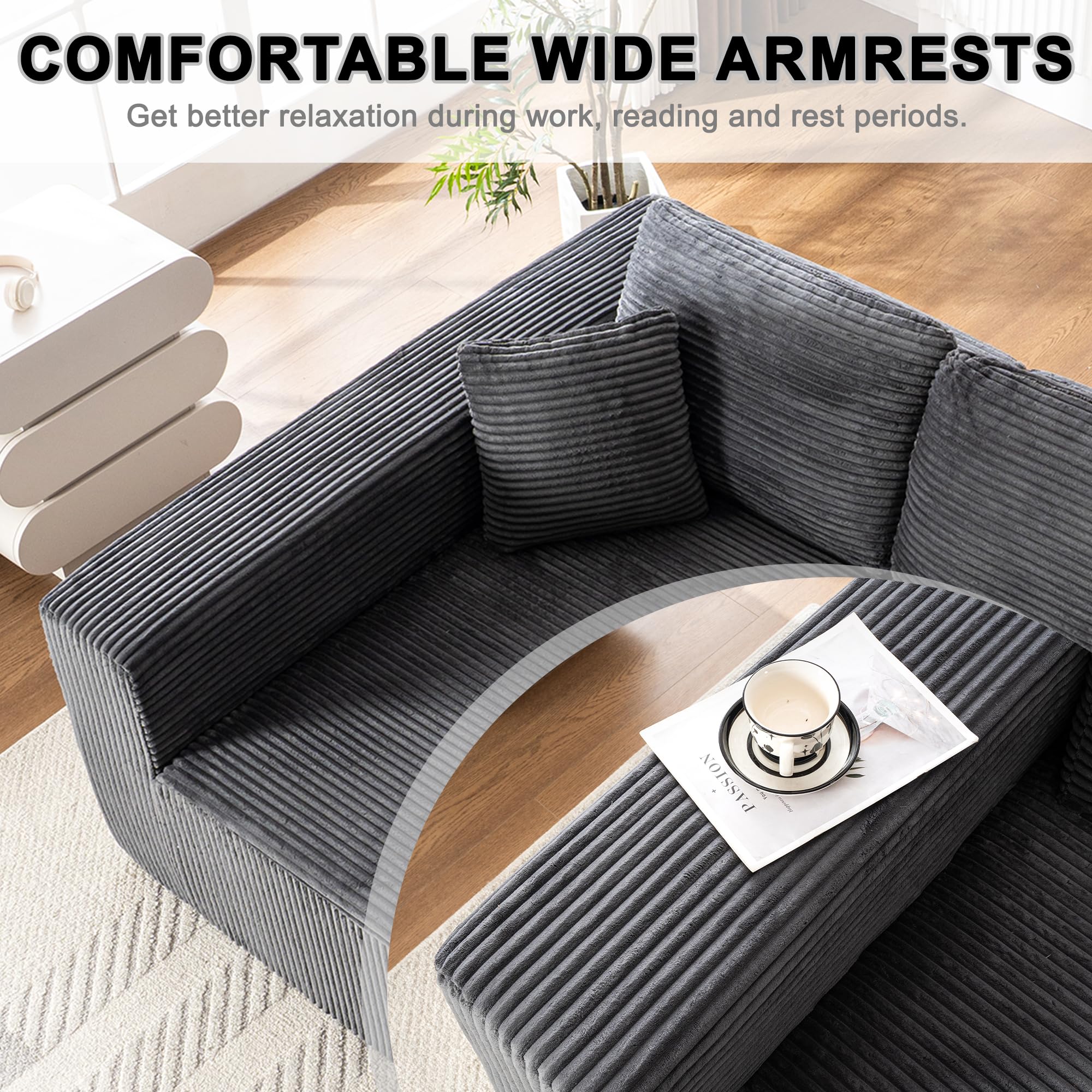 Living Room Wide Armchair Sofa, Modern Modular Recliner Sofa, L-Shaped Cloud Sofa, No Assembly Required, Corduroy Fabric, Soft and Comfortable (Foam + Gray + Corduroy + 3 Seat)