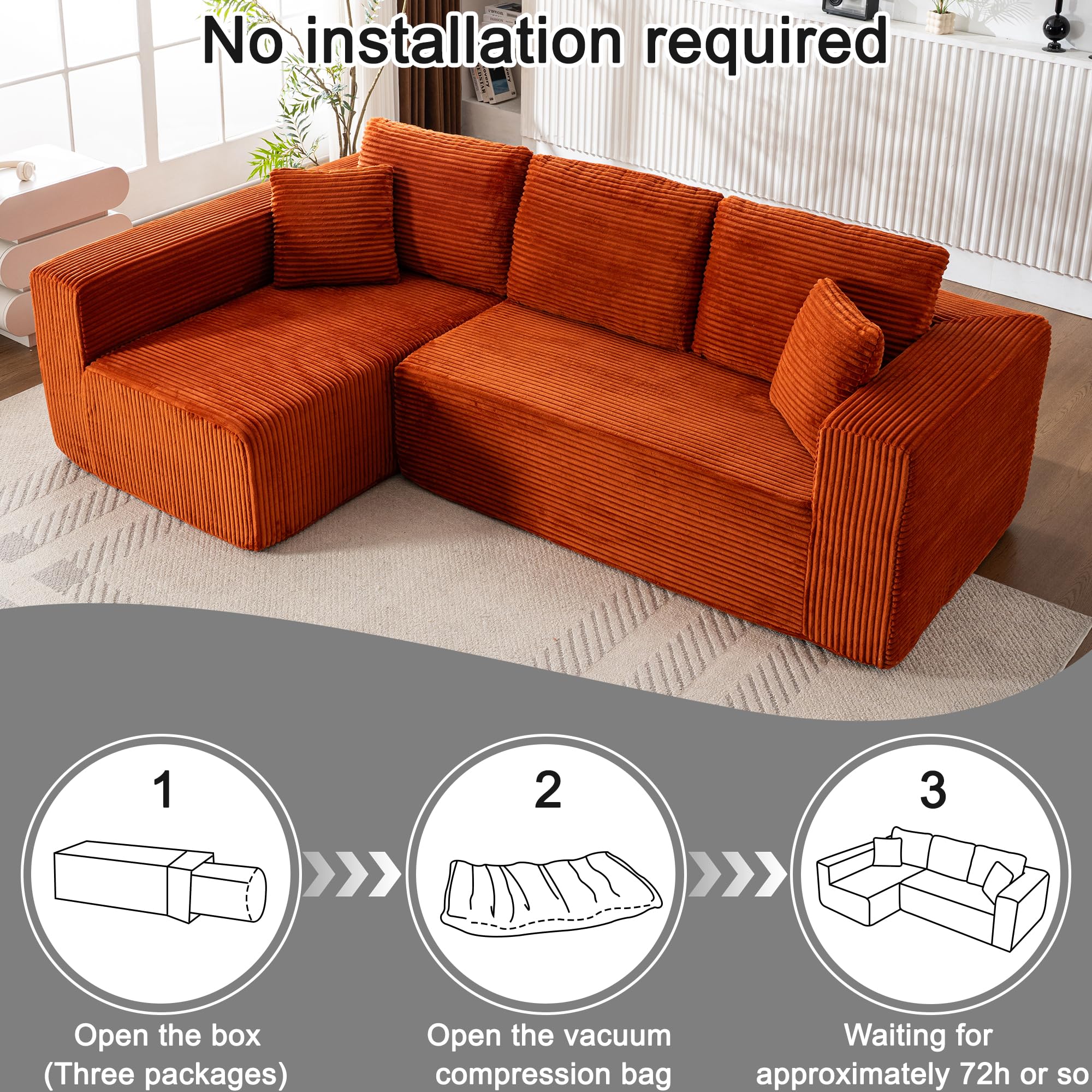 Living Room Wide Armchair Sofa, Modern Modular Recliner Sofa, L-Shaped Cloud Sofa, No Assembly Required, Corduroy Fabric, Soft and Comfortable (Foam + Gray + Corduroy + 3 Seat)