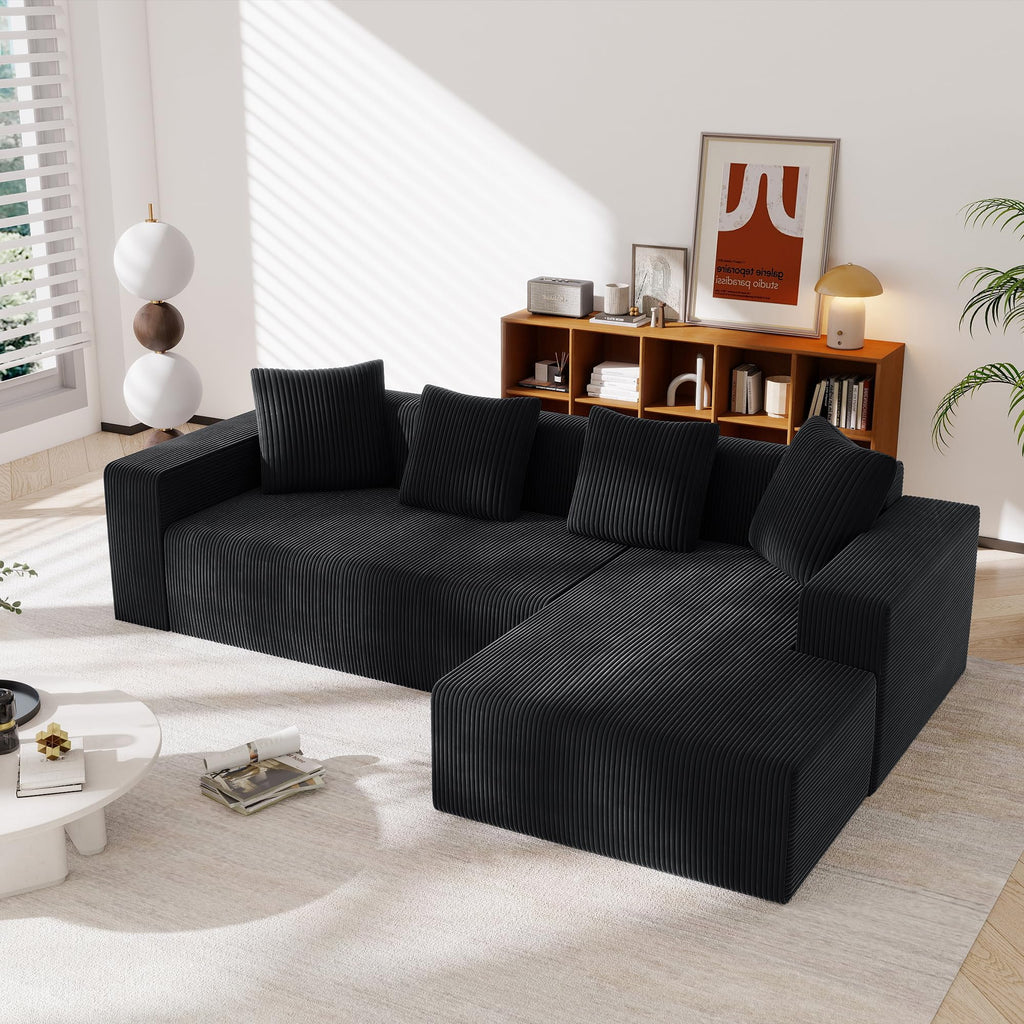 102.7" Corduroy Sectional Couch, Boneless L Shaped Couch with Deep Seat, Cloud Foam Sofa with Chaise, Sectional Sofa No Assembly Needed for Living Room and Bedroom (Black + Corduroy + 3 Seat + Foam)