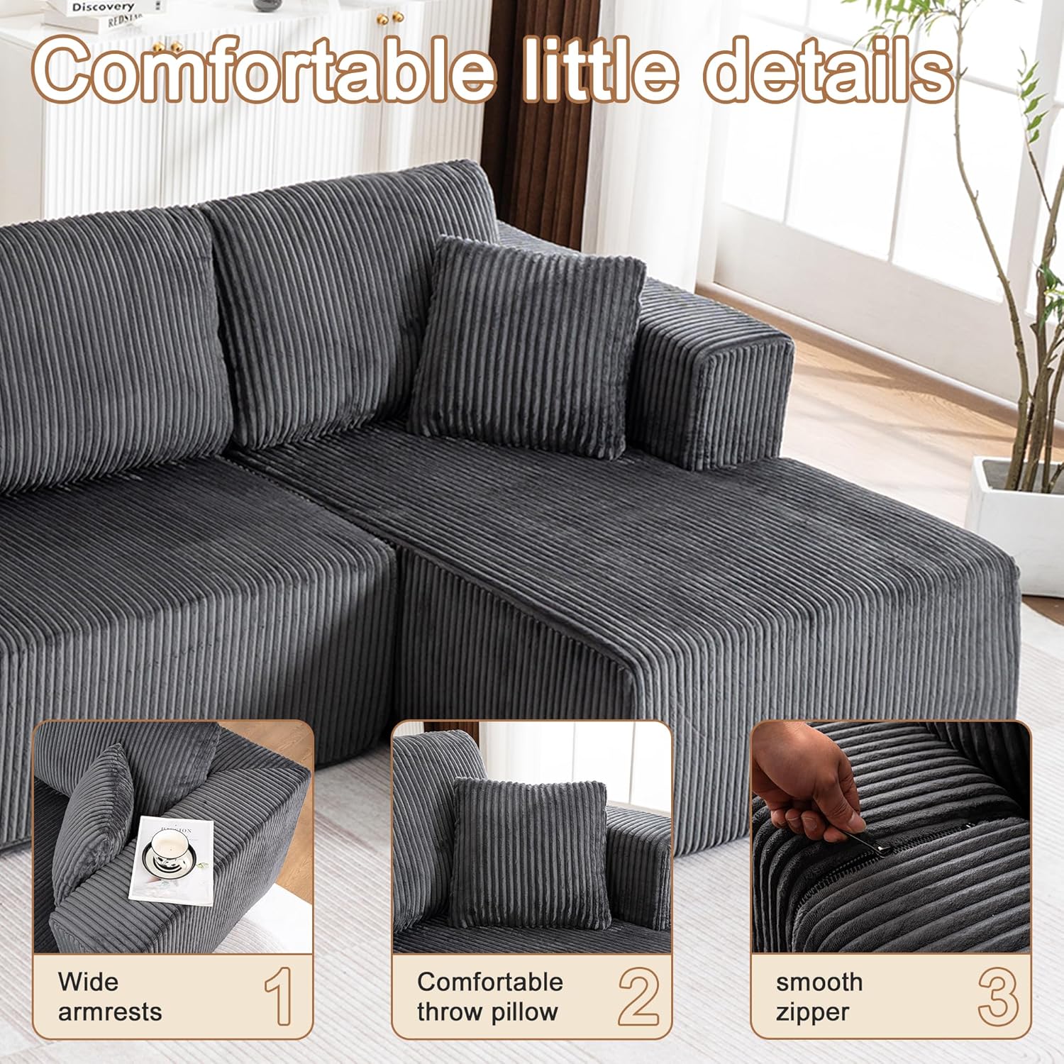 130" Oversized Cloud Boneless Sofa Couch with Chaise, Modern Corduroy U Shaped Modular Sectional Sofa with Deep Seat, No Assembly Required (Foam + White + Corduroy + 3 Seat)