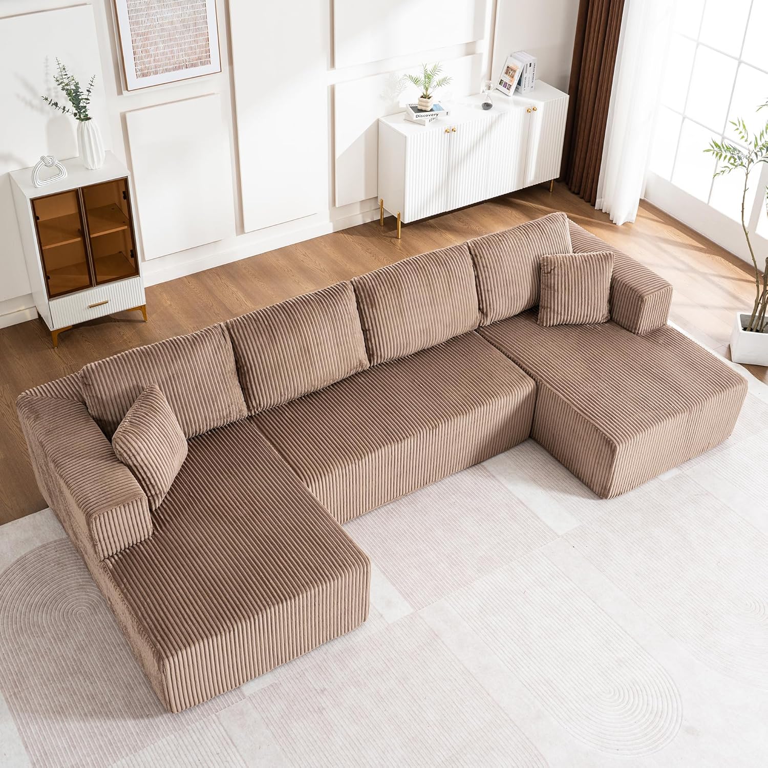 130" Oversized Cloud Boneless Sofa Couch with Chaise, Modern Corduroy U Shaped Modular Sectional Sofa with Deep Seat, No Assembly Required (Foam + White + Corduroy + 3 Seat)