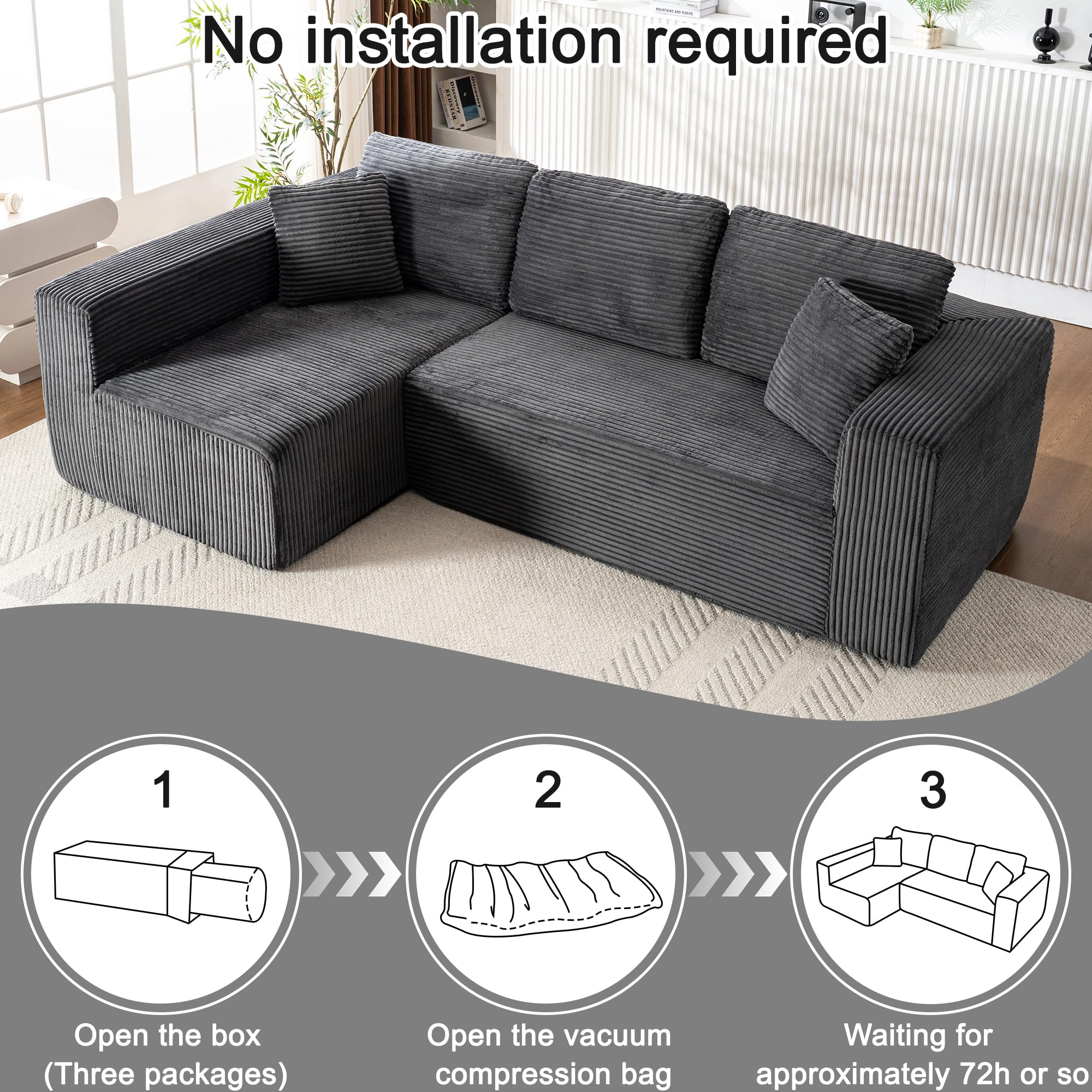 Living Room Wide Armchair Sofa, Modern Modular Recliner Sofa, L-Shaped Cloud Sofa, No Assembly Required, Corduroy Fabric, Soft and Comfortable (Foam + Gray + Corduroy + 3 Seat)