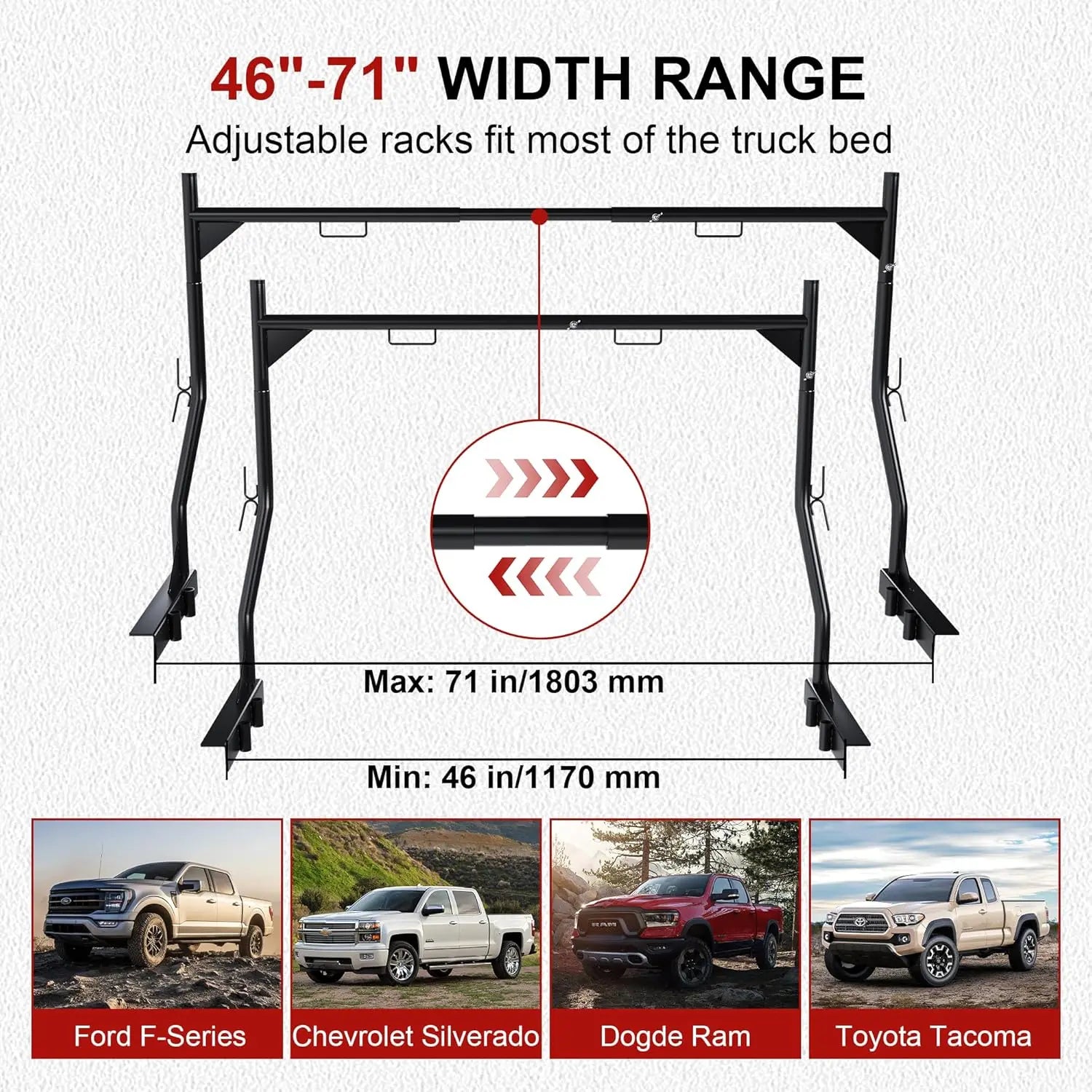 Heavy-Duty Universal Truck Bed Ladder Rack - 900LB Capacity, No-Drill Installation, Adjustable 46-71 inch Steel Cargo Rack for Kayaks, Lumber, Surfboards & Construction Materials QIHAI