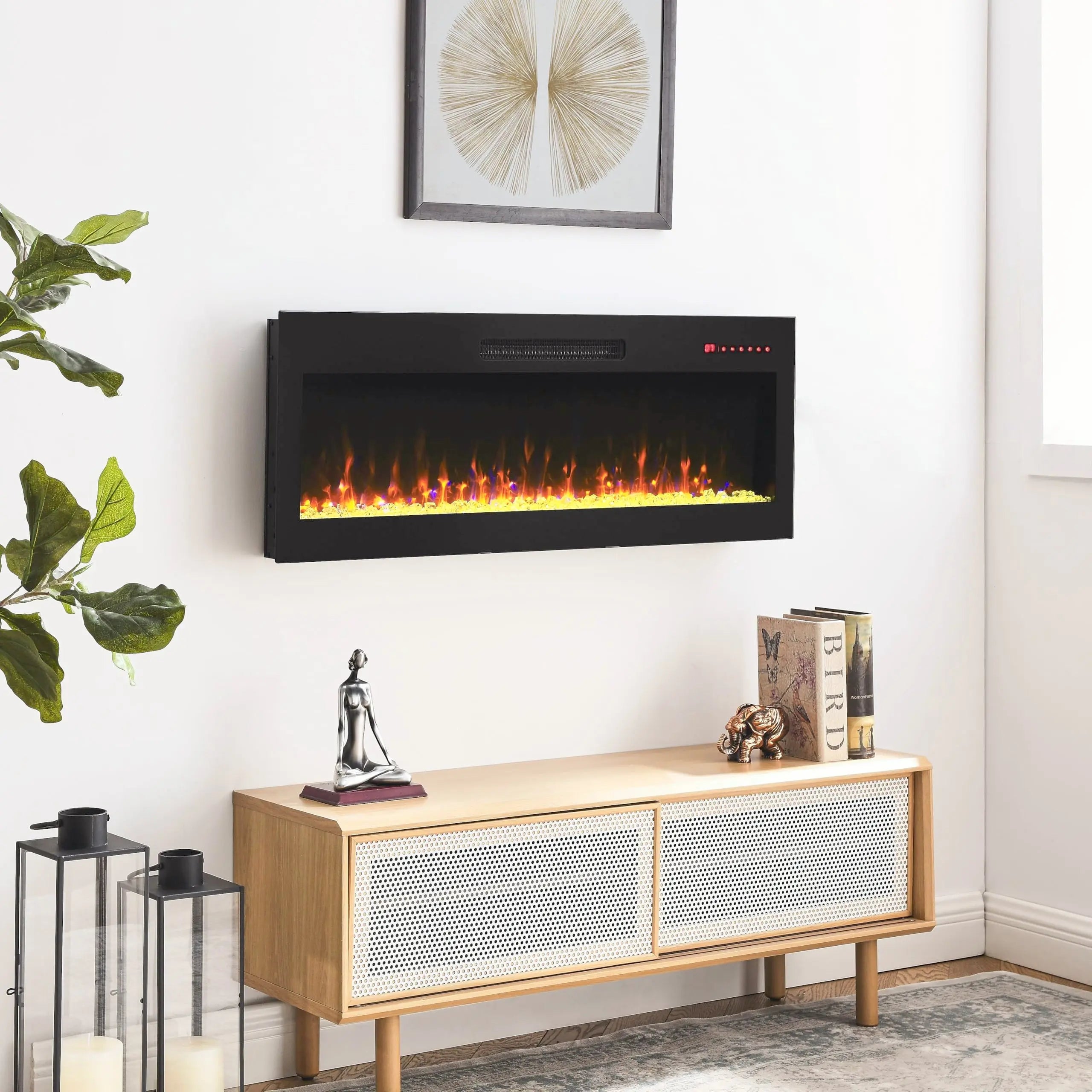 42 inch Electric Fireplace,Recessed Ultra Thin,Tempered Glass Front,Wall Mounted with Remote and Multi Color Flame & Emberbed, LED Light Heater QIHAI