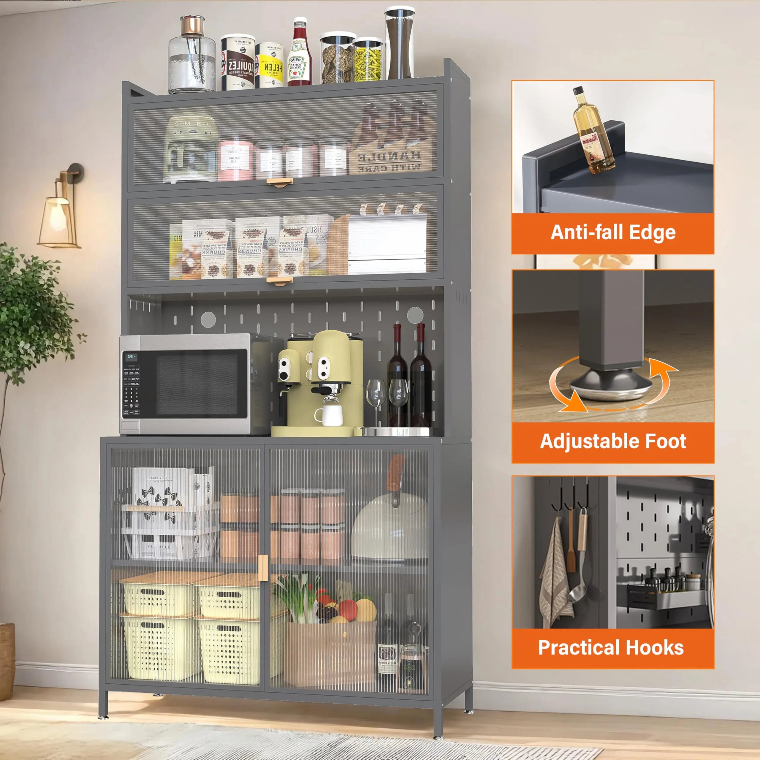 73'' Tall Kitchen Pantry Cabinet, 6 Level Flip Door with Pegboard Metal Pantry Storage Cabinet, Anti-Tip Design Hutch for Kitchen, Dining Room, Living Room,Grey QIHAI