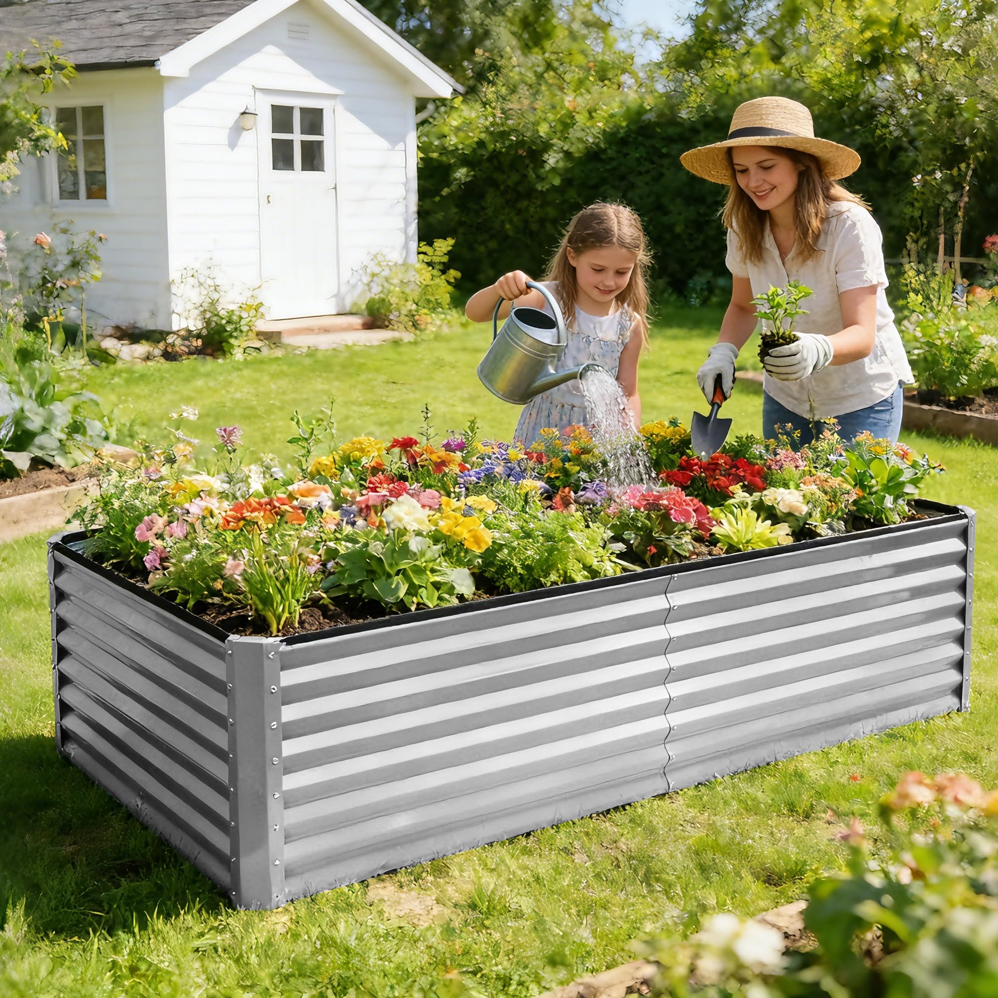 8×4×2 FT Galvanized Planter Box, Raised Garden Bed, Outdoor Above Ground Planter Extra Large Garden Box Kits for Vegetables, Flowers, Herbs (White)