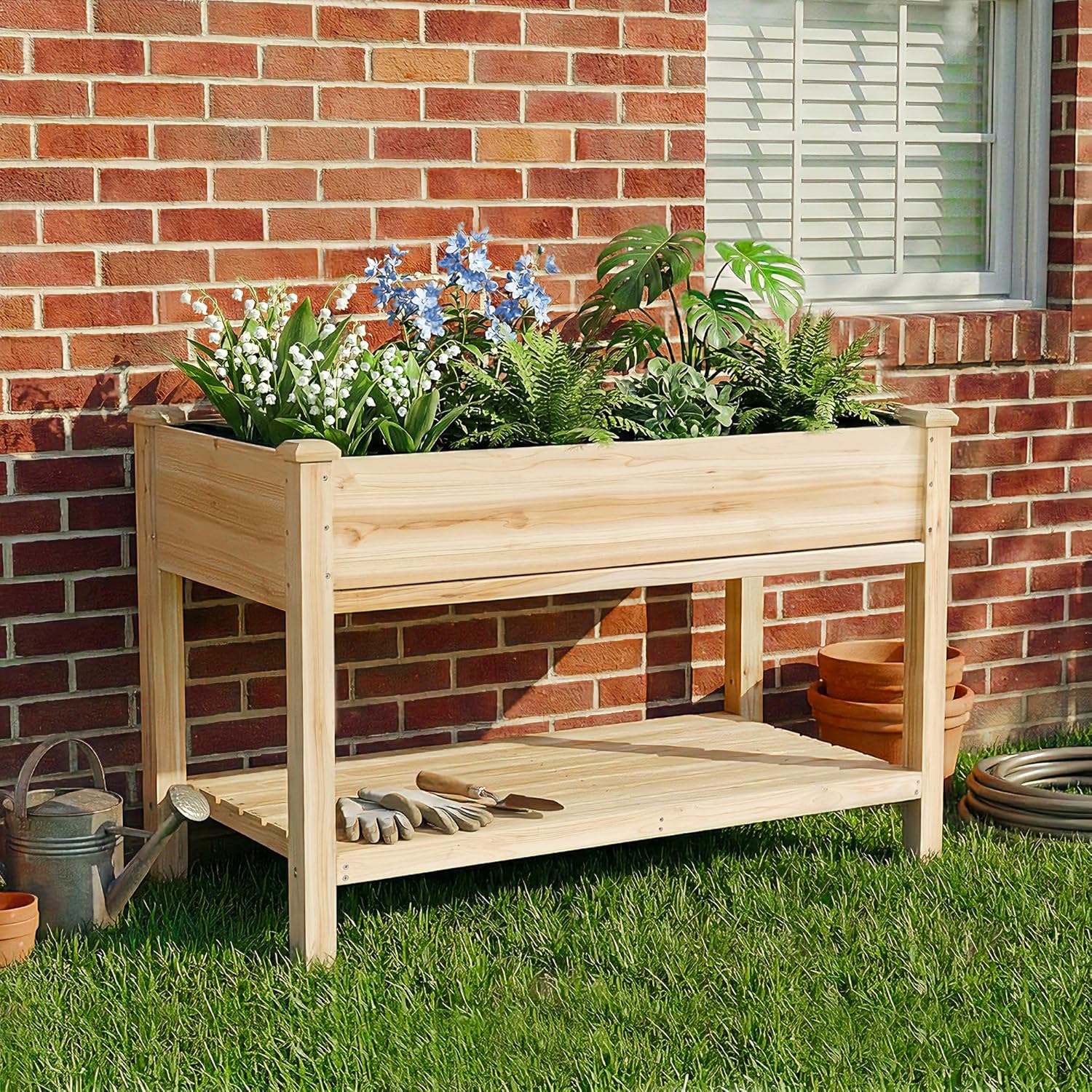 Outdoor Wood Raised Garden Bed,Storage Shelf, Elevated Reinforced Large Planter Box for Vegetable Flower Backyard Patio Gardening Balcony,48x23x31.1-inch