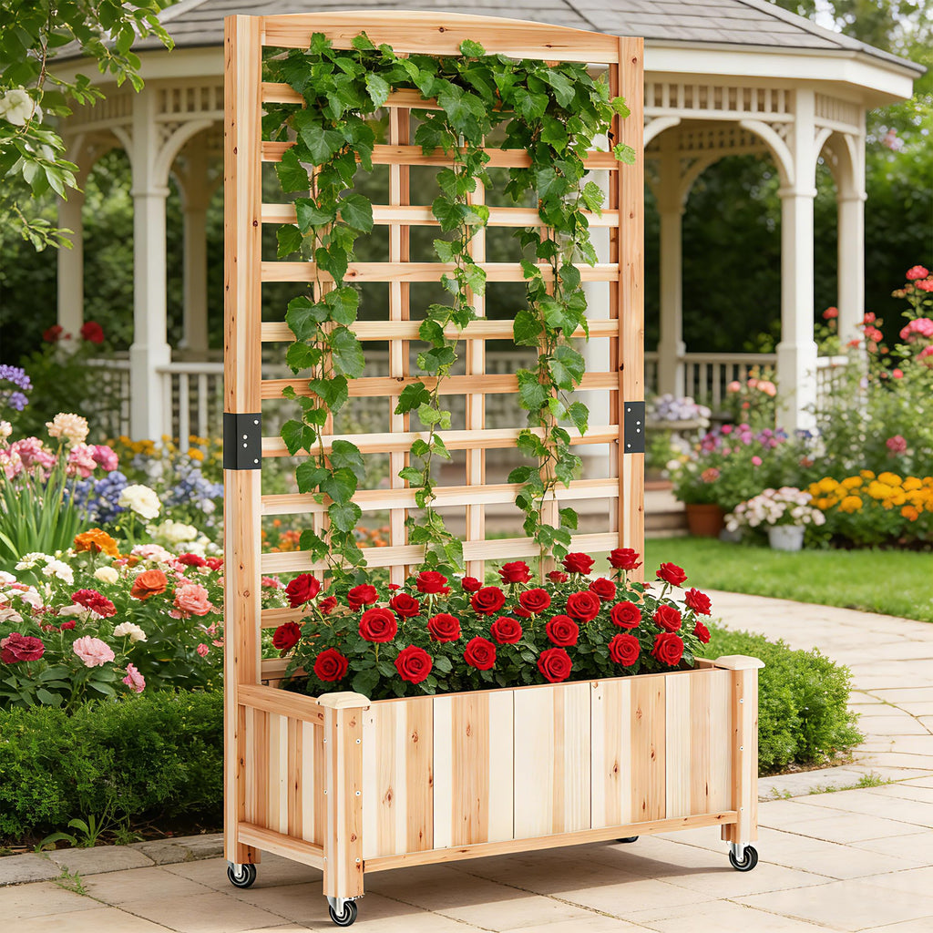 Wooden Raised Garden Bed with Trellis, Outdoor Free-Standing Trellis Planter, Standing Elevated Planter Box for Vegetables,Flowers, Fruits (35.4" L x 15.7" W x 59.4" H)