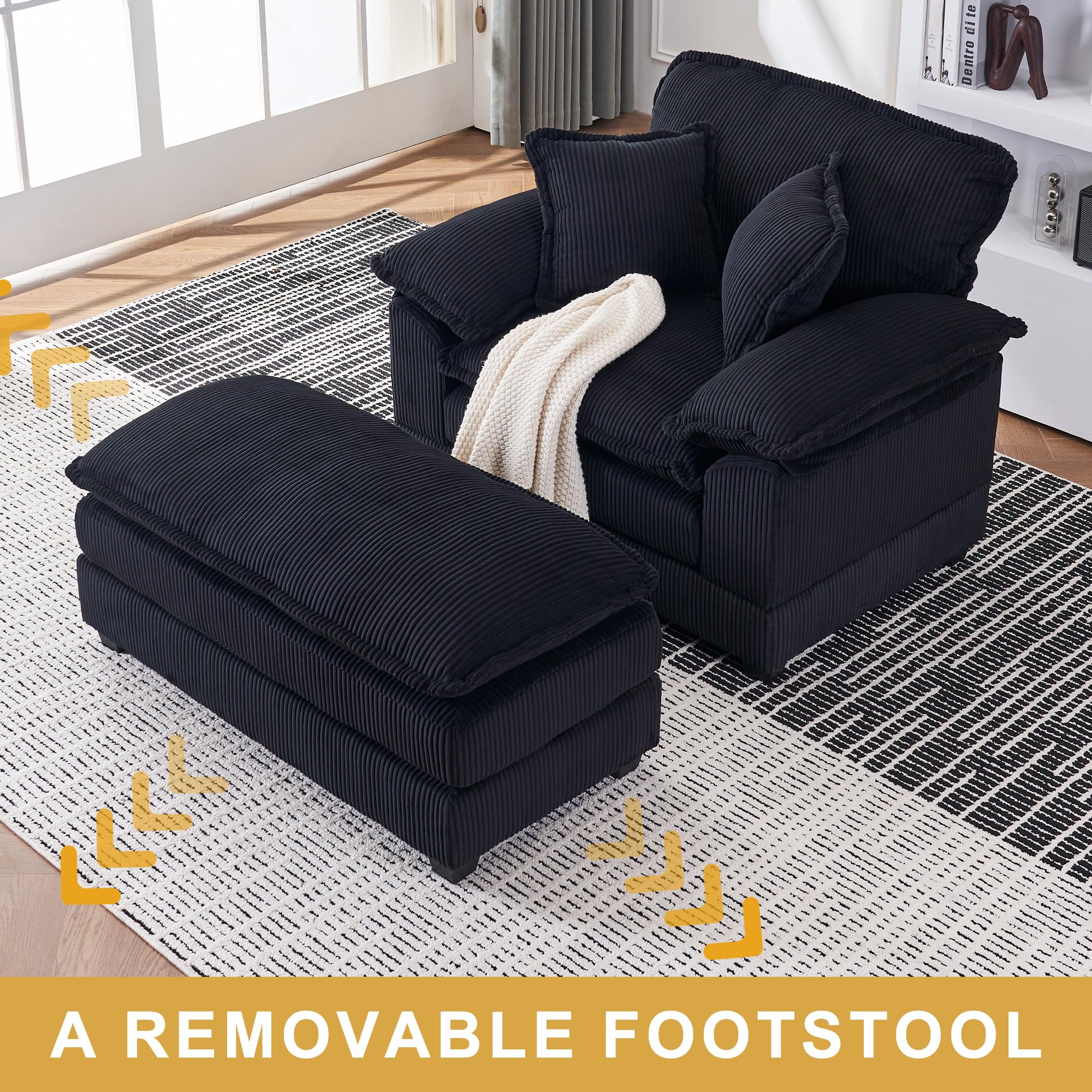 46.9" Extra-Large Reclining Sofa,Cloud Sofa Set, Equipped with 2 Soft Cushions. Single-Person Comfortable Sofa. Suitable for Living Rooms, Apartments and Offices (Black)