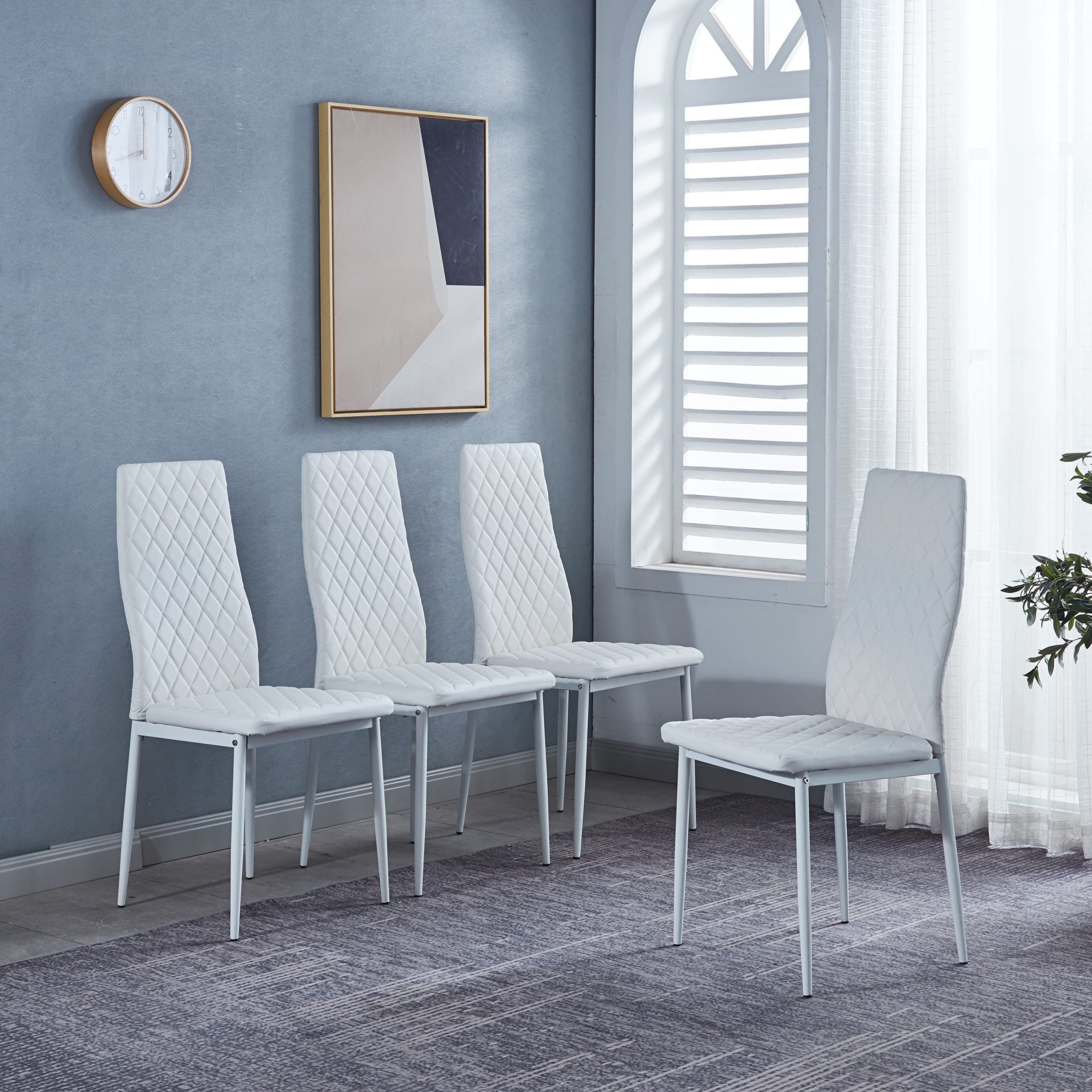 Dining Chairs Set of 4, Dining Chairs with Cushions, PU Leather Upholstered Kitchen Dining Room Chairs with Metal Legs for Dining Living Room (White, 4 PCS)