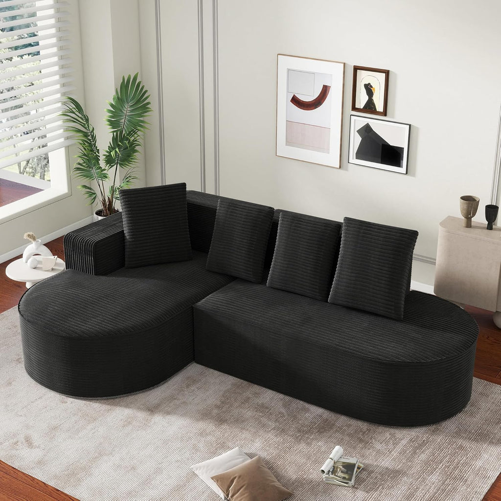 104" Corduroy Sectional Couch, Boneless L Shaped Couch with Deep Seat, Cloud Foam Sofa with Chaise, Sectional Sofa No Assembly Needed for Living Room (Foam + Black + Corduroy + 3 Seat)