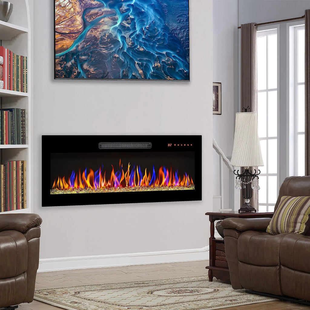 42 inch Electric Fireplace,Recessed Ultra Thin,Tempered Glass Front,Wall Mounted with Remote and Multi Color Flame & Emberbed, LED Light Heater QIHAI