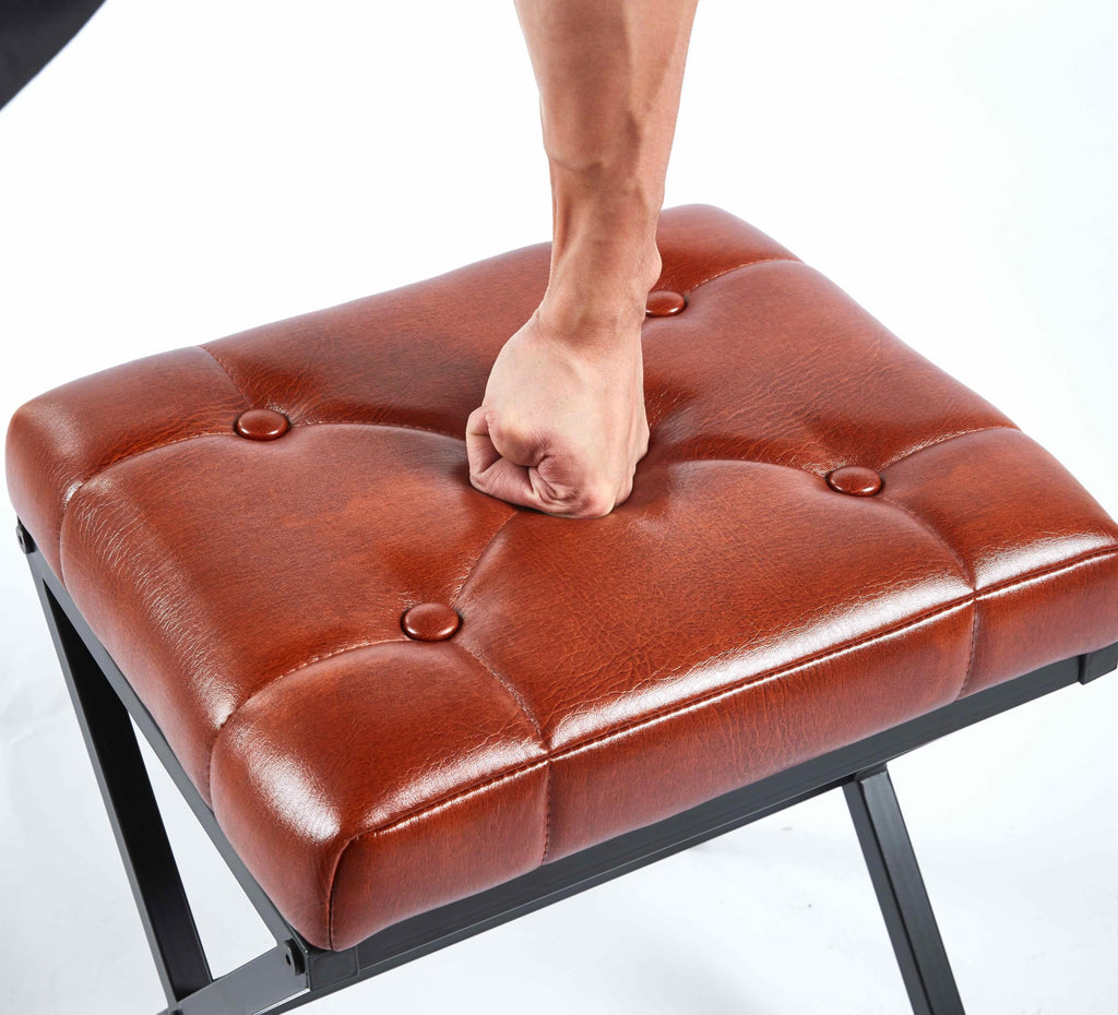 Vanity Stool - Square Faux Leather Makeup Seat with Metal X Legs, Small Ottoman Chair for Makeup Room, Living Room - Modern Padded Foot Rest (Dark Brown)