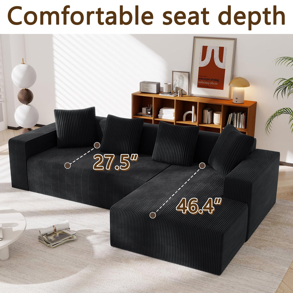 102.7" Corduroy Sectional Couch, Boneless L Shaped Couch with Deep Seat, Cloud Foam Sofa with Chaise, Sectional Sofa No Assembly Needed for Living Room and Bedroom (Black + Corduroy + 3 Seat + Foam)