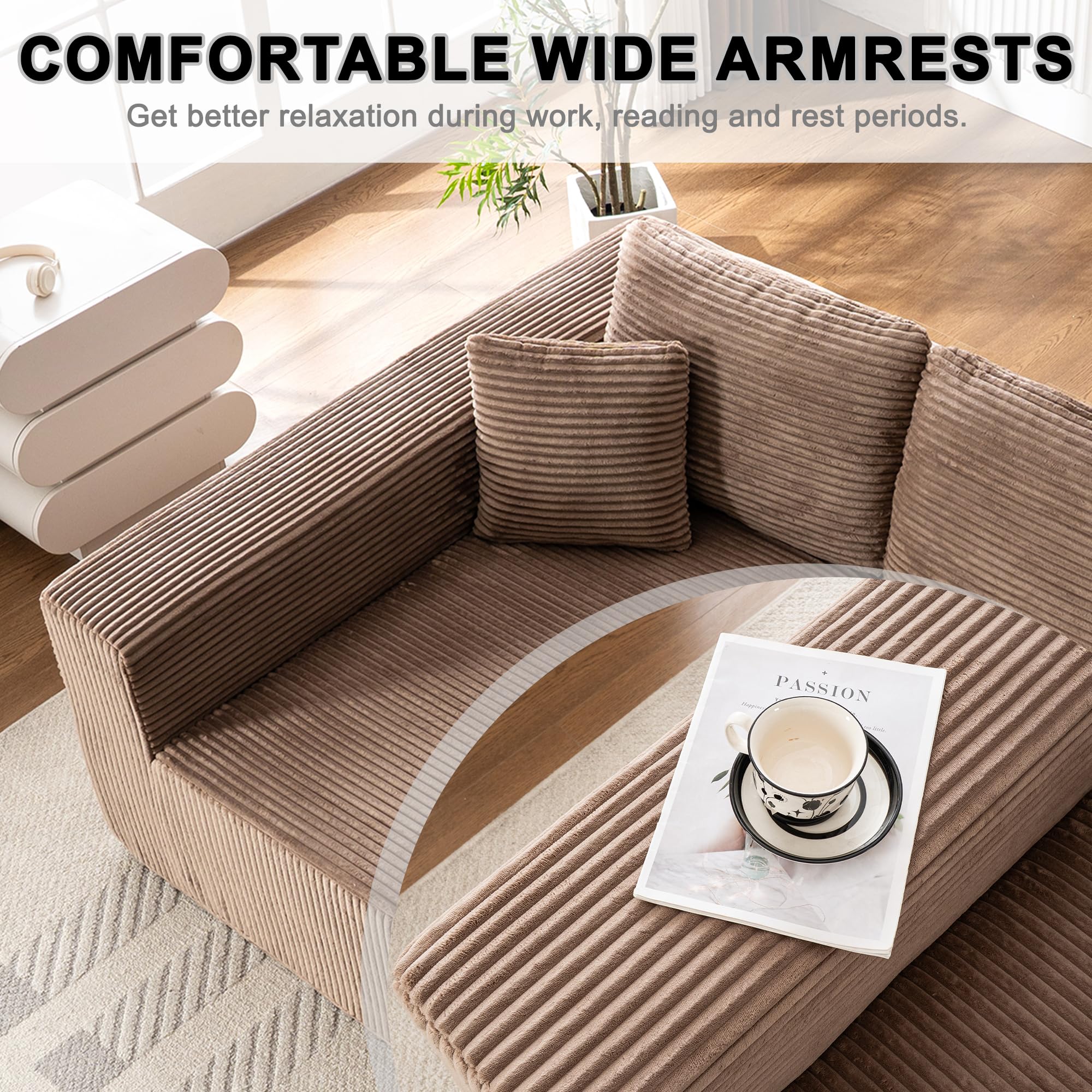 Living Room Wide Armchair Sofa, Modern Modular Recliner Sofa, L-Shaped Cloud Sofa, No Assembly Required, Corduroy Fabric, Soft and Comfortable (Foam + Gray + Corduroy + 3 Seat)