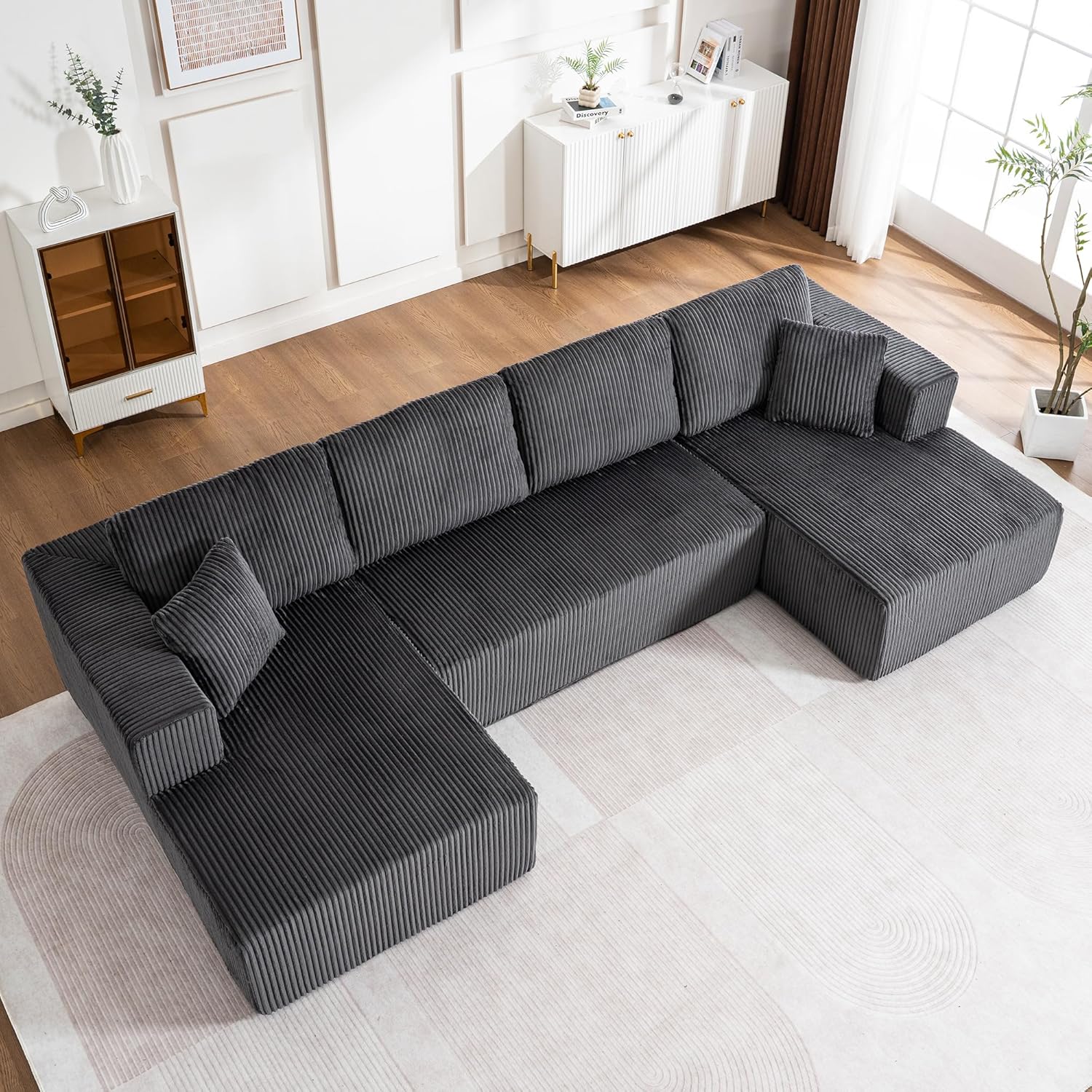 130" Oversized Cloud Boneless Sofa Couch with Chaise, Modern Corduroy U Shaped Modular Sectional Sofa with Deep Seat, No Assembly Required (Foam + White + Corduroy + 3 Seat)