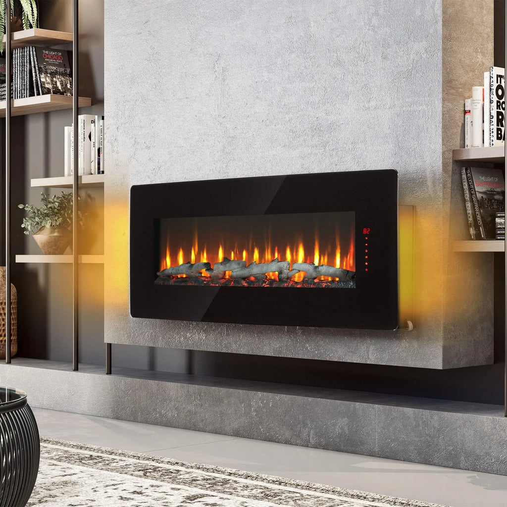 42 inch Electric Fireplace,Recessed Ultra Thin,Tempered Glass Front,Wall Mounted with Remote and Multi Color Flame & Emberbed, LED Light Heater QIHAI