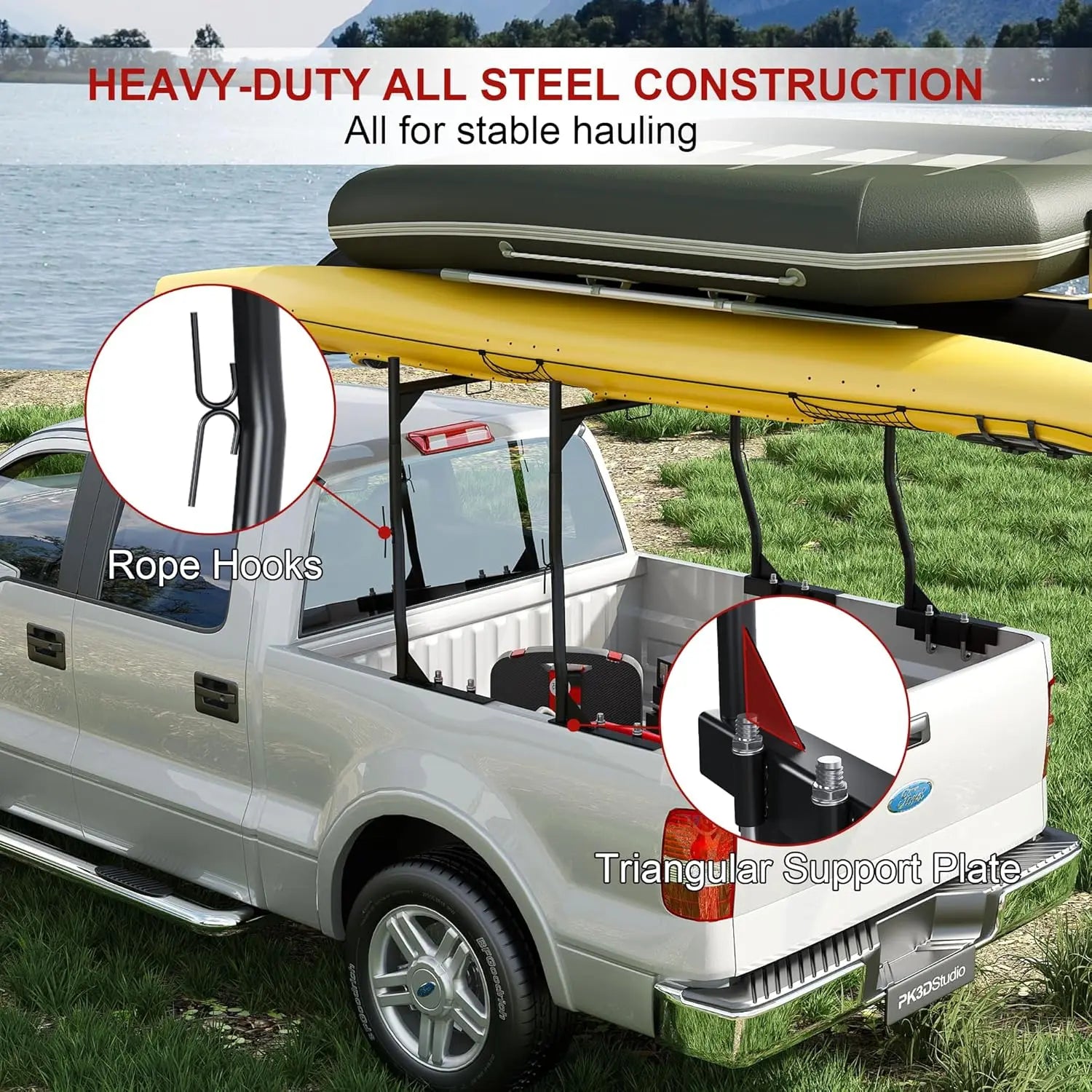Heavy-Duty Universal Truck Bed Ladder Rack - 900LB Capacity, No-Drill Installation, Adjustable 46-71 inch Steel Cargo Rack for Kayaks, Lumber, Surfboards & Construction Materials QIHAI