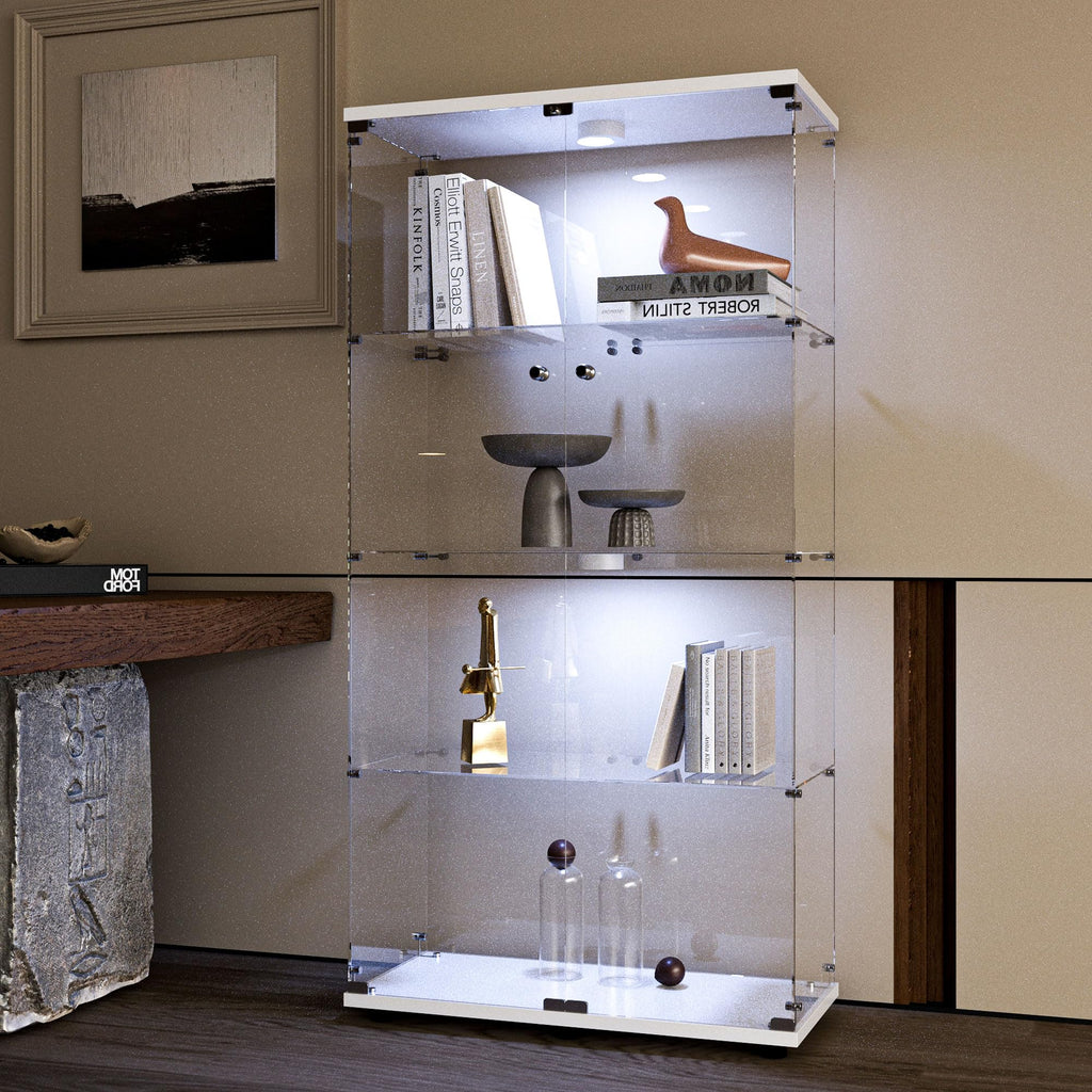Glass Display Case with Lights,Tempered Glass Curio Cabinets with Glass Doors and Lock,Glass Display Cabinet for Bedroom, Living Room,Kitchen (White, 2 Door-5 Tier)
