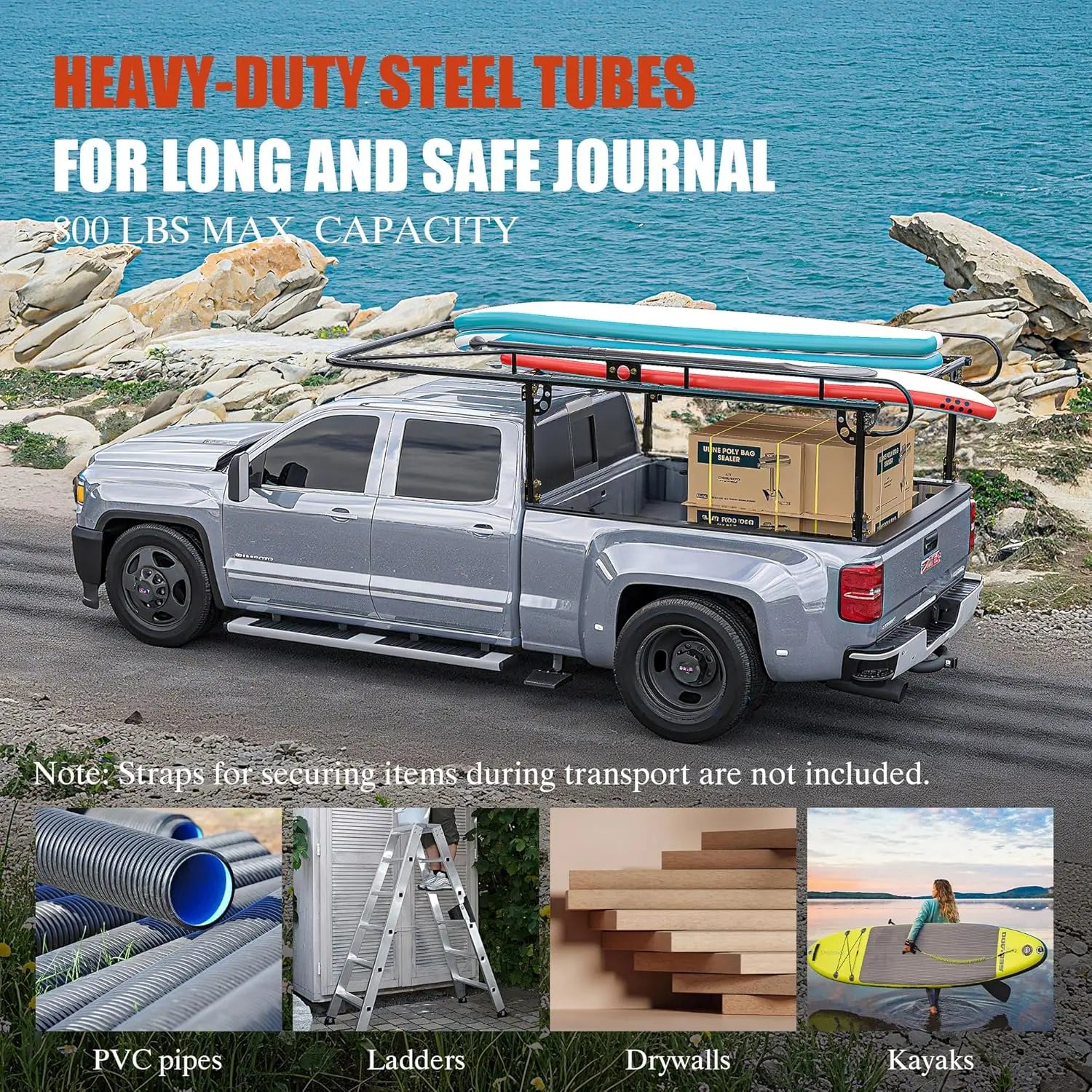 Universal Steel Over-Cab Truck Bed Rack Contractor Pickup Lumber Full Size Rack Adjustable for Kayak, Ladder, Surfboard, Lumber QIHAI