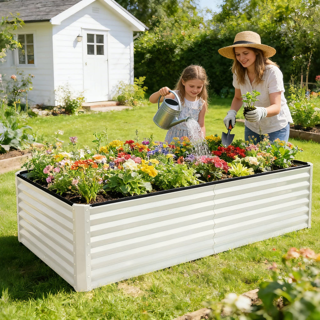 8×4×2 FT Galvanized Planter Box, Raised Garden Bed, Outdoor Above Ground Planter Extra Large Garden Box Kits for Vegetables, Flowers, Herbs (White)